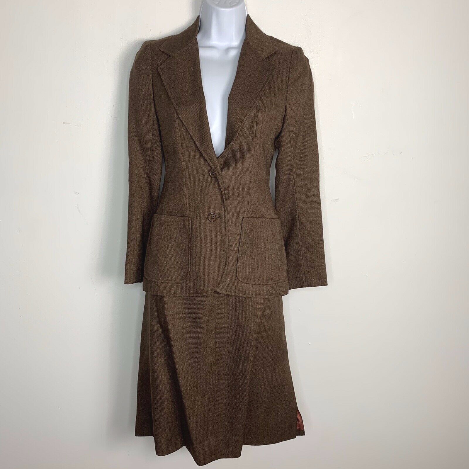 Larry Levine Skirt Suit sz S Brown Dark Academia Old Money Office Chic VINTAGE
