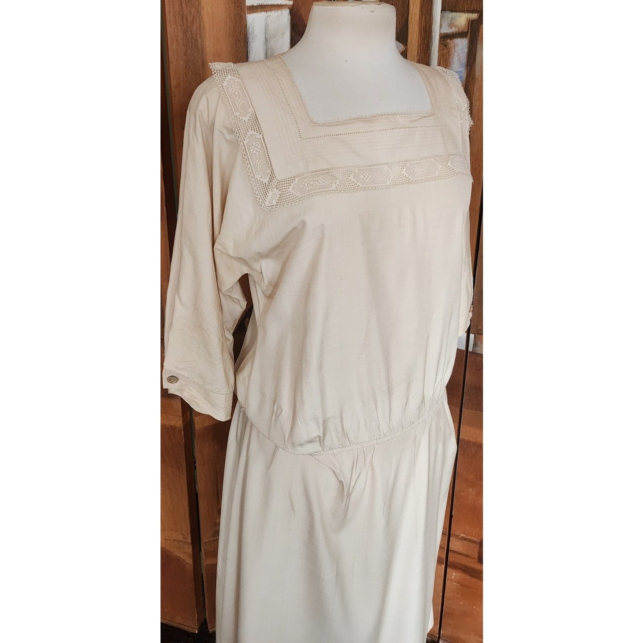 Vintage 80s Cream Silk Dress Lace Trim Edwardian Style Norma Walters