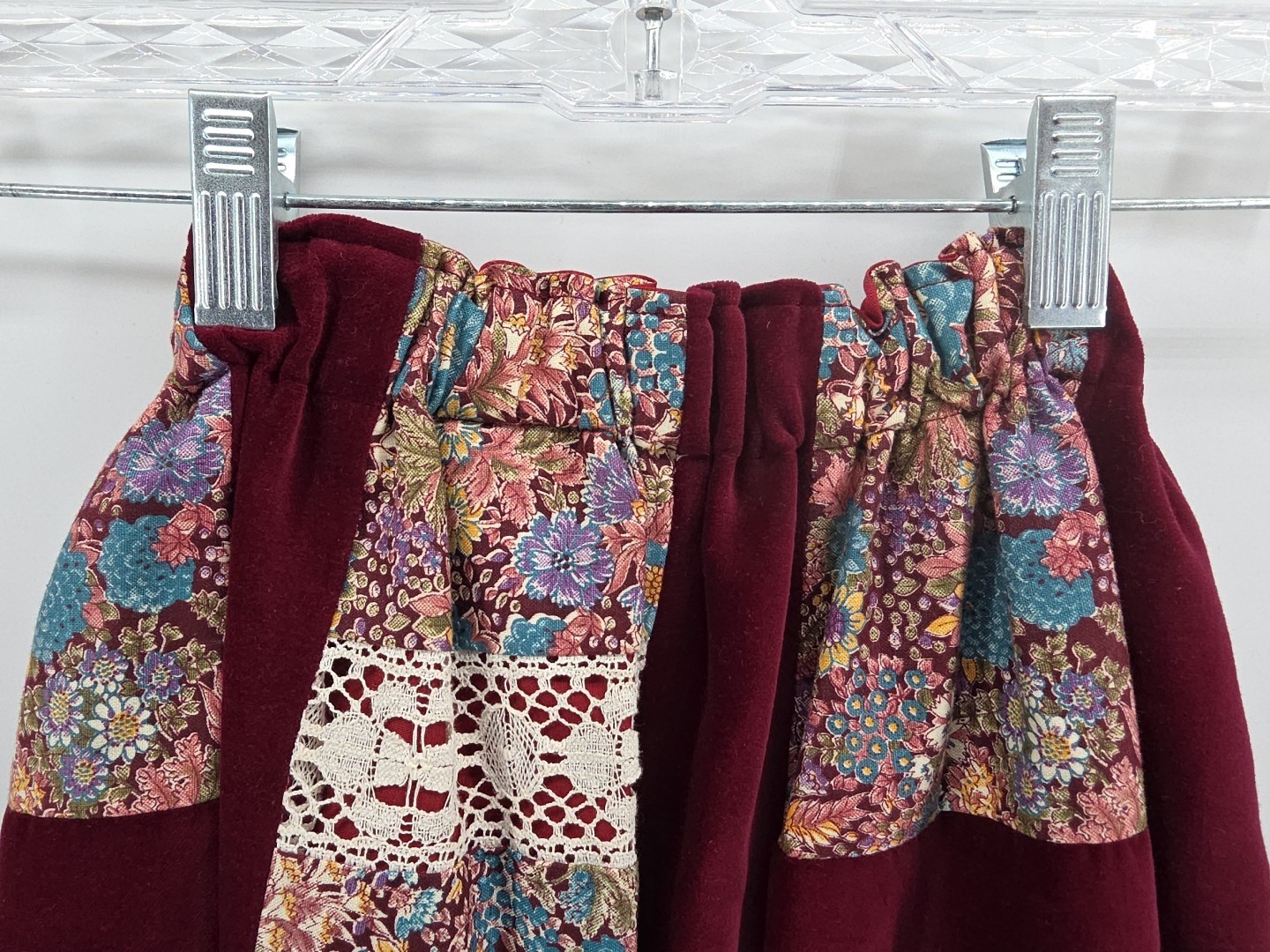 70s Floral Lace Patchwork Maroon White Long Skirt Cotton Blend Mr. Hank Sz L EUC