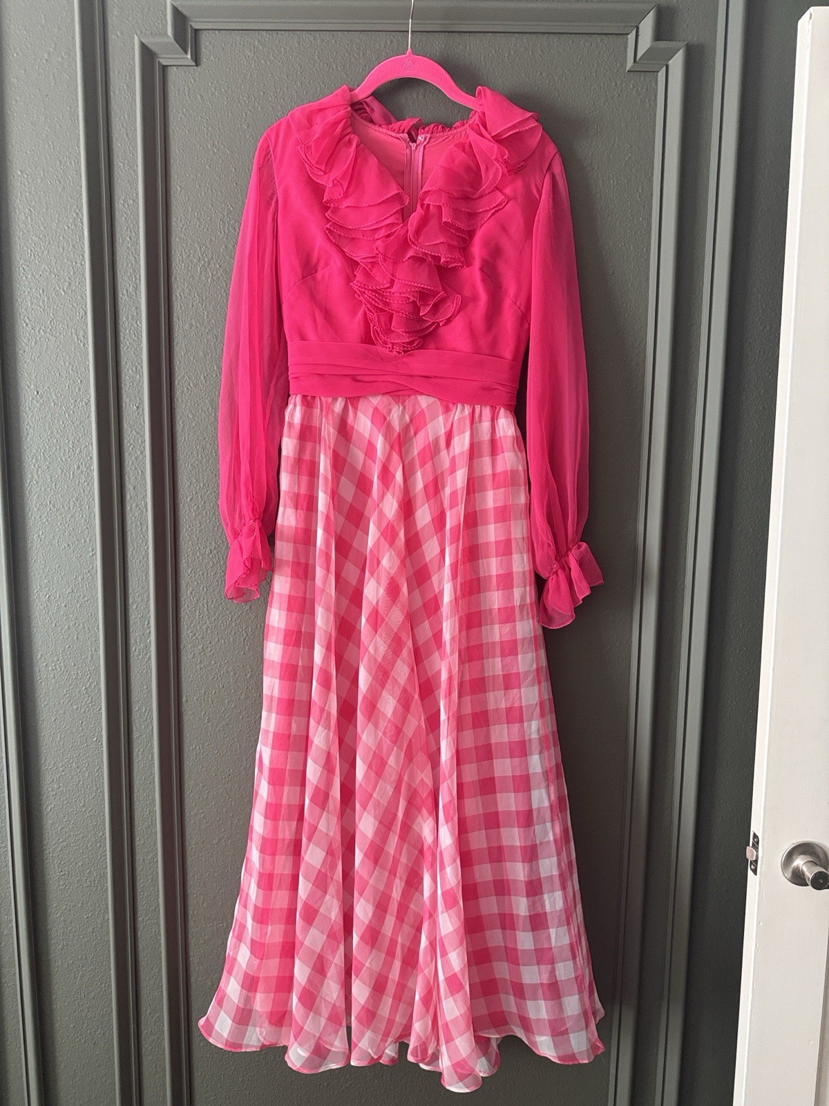Miss Éliette California Vintage 70s Hot Pink Gingham Maxi Dress S