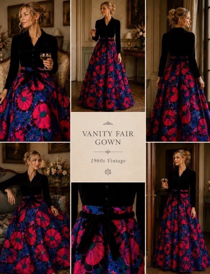Vanity Fair Women’s Vintage 60s 70s House Hostess Dress Velour Maxi Mod USA S M