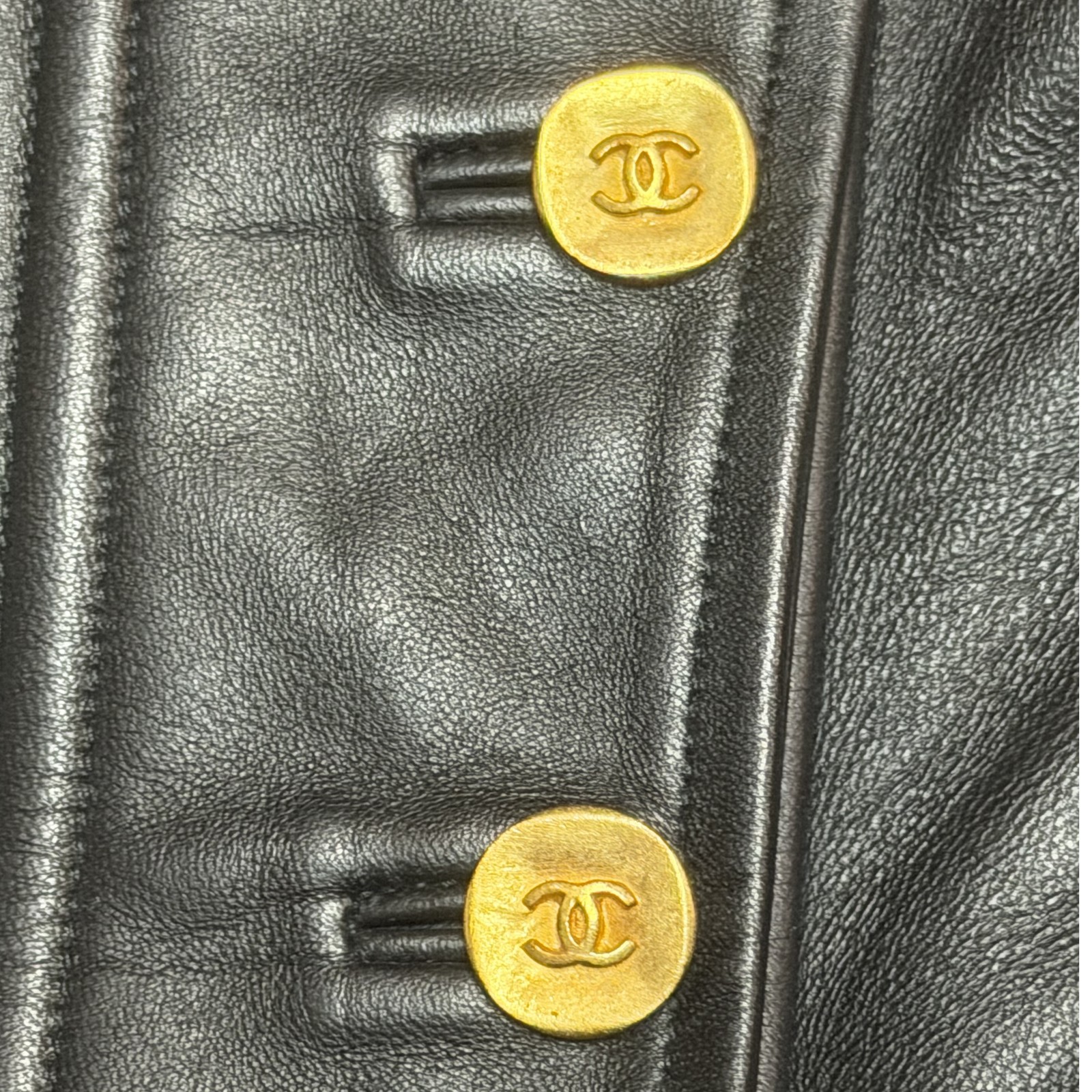 Chanel 1993 Black Gold Fishbone Leather Chain Dress CC Buttons