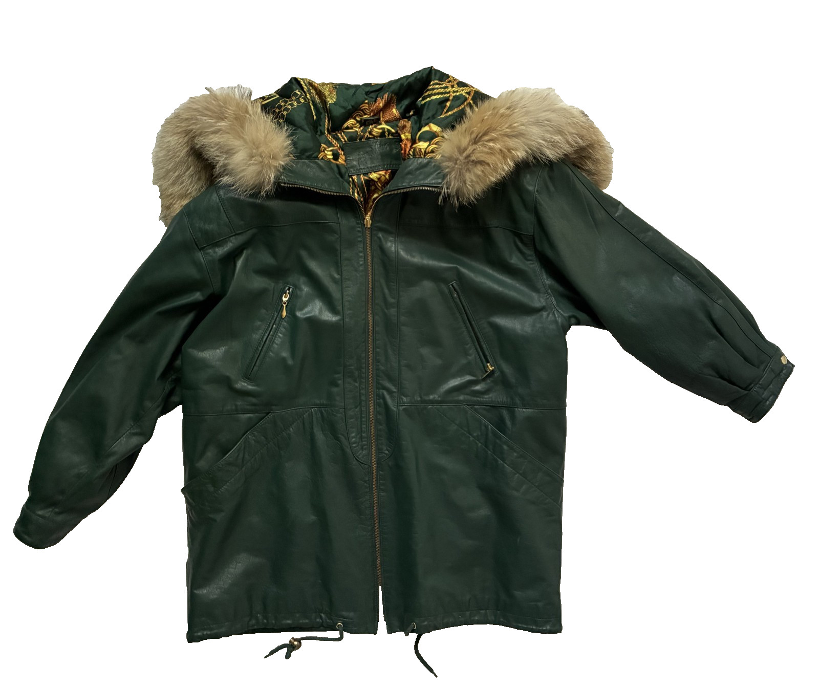 Jacqueline Ferrar Forest Green Leather Parka Coat Women&rsquo;s Large Coyote Fur Hood