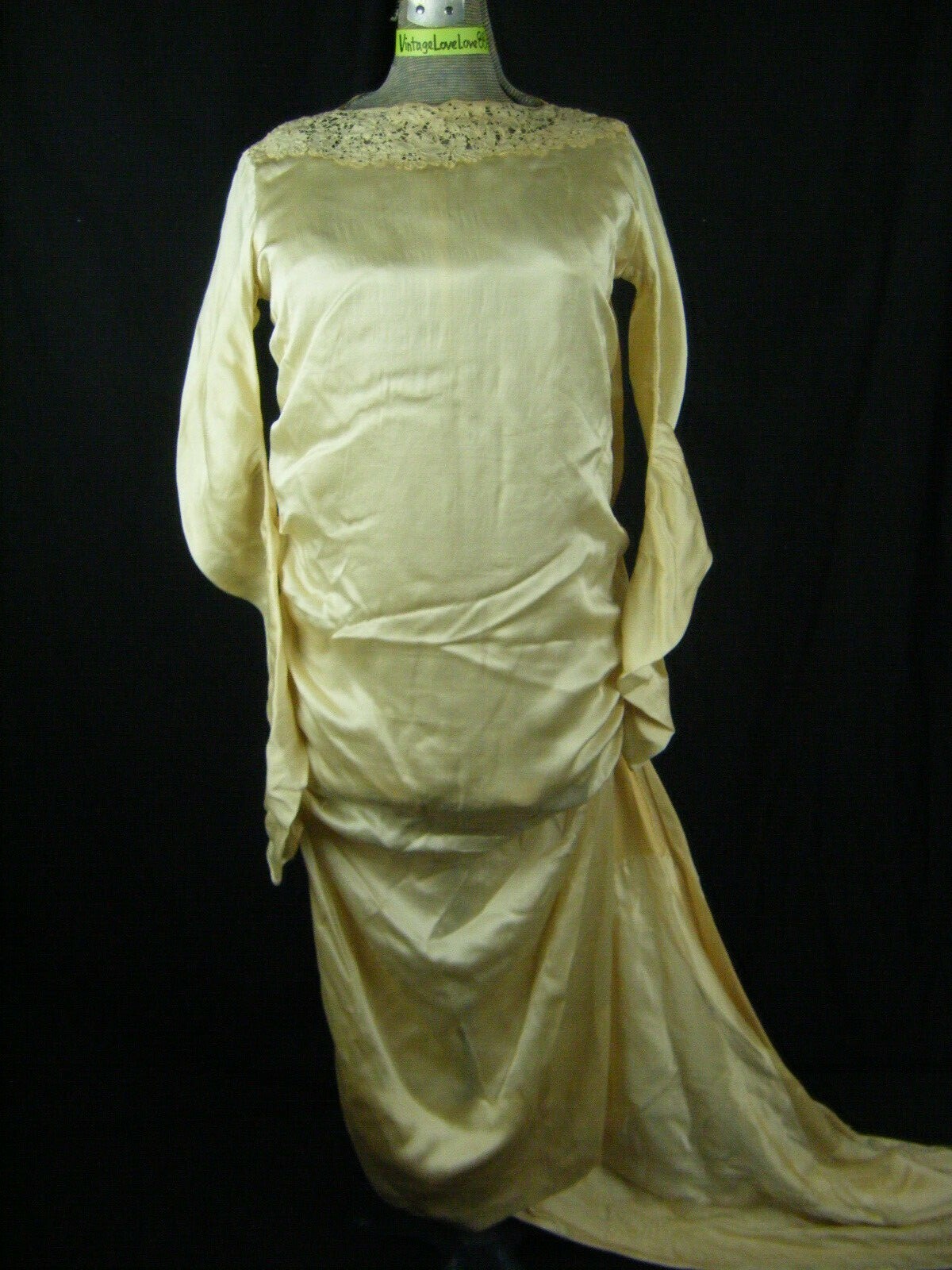 Antique 1920s Ivory Lace Silk Flapper Wedding Dress & Beaded Veil-Bust 36/2XS