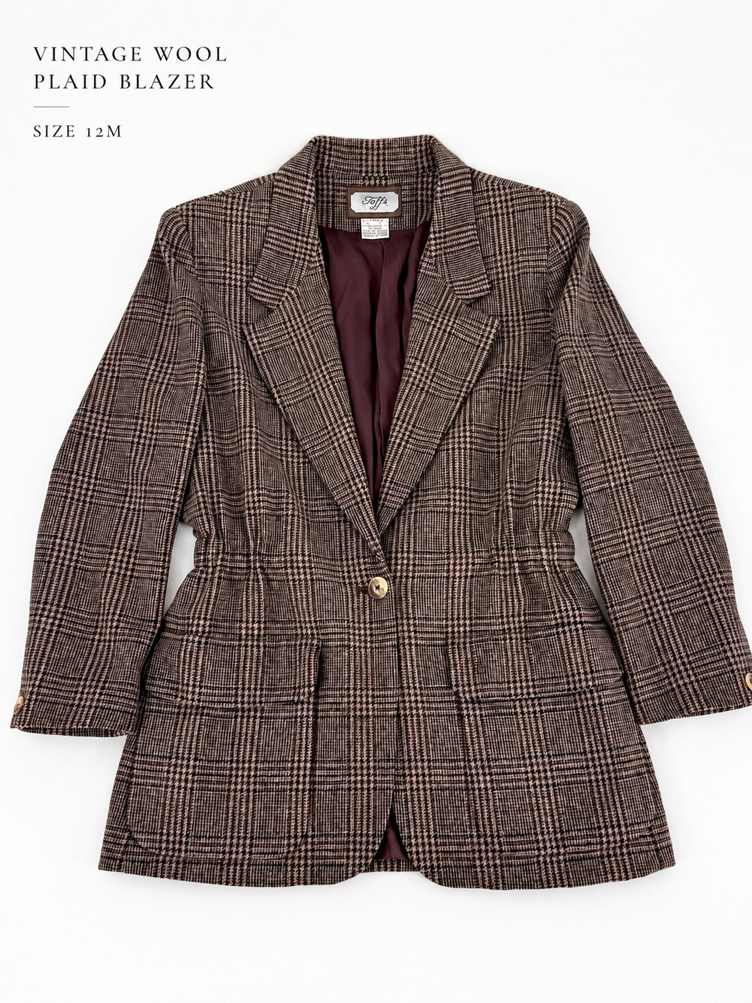 Vintage Toffs 100% Wool Plaid Blazer Jacket Womens 12M Brown Tailored Equestrian