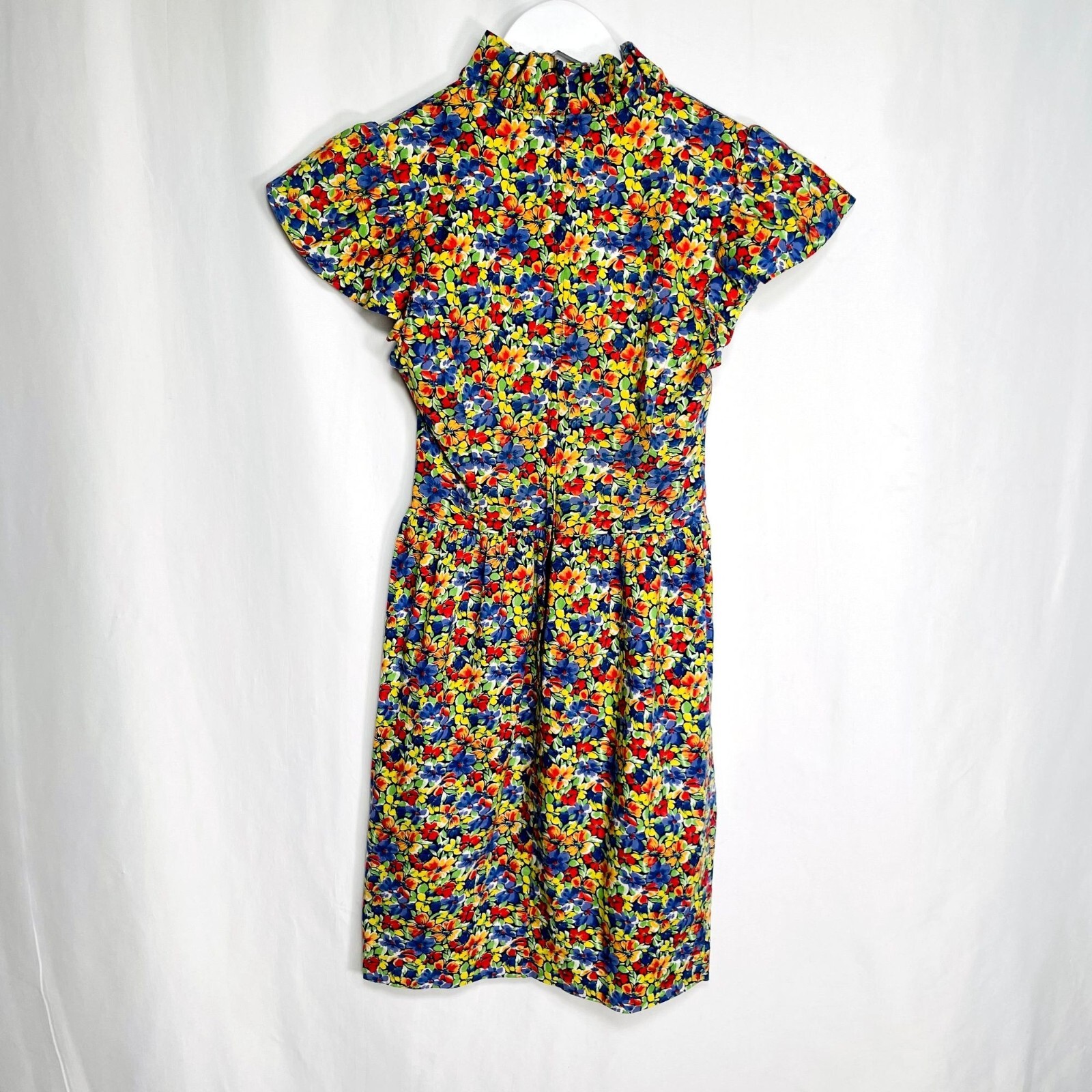 Vintage 80s Womens High Ruffle Neck Collar Flutter Sleeve Floral Dress 2 / XS
