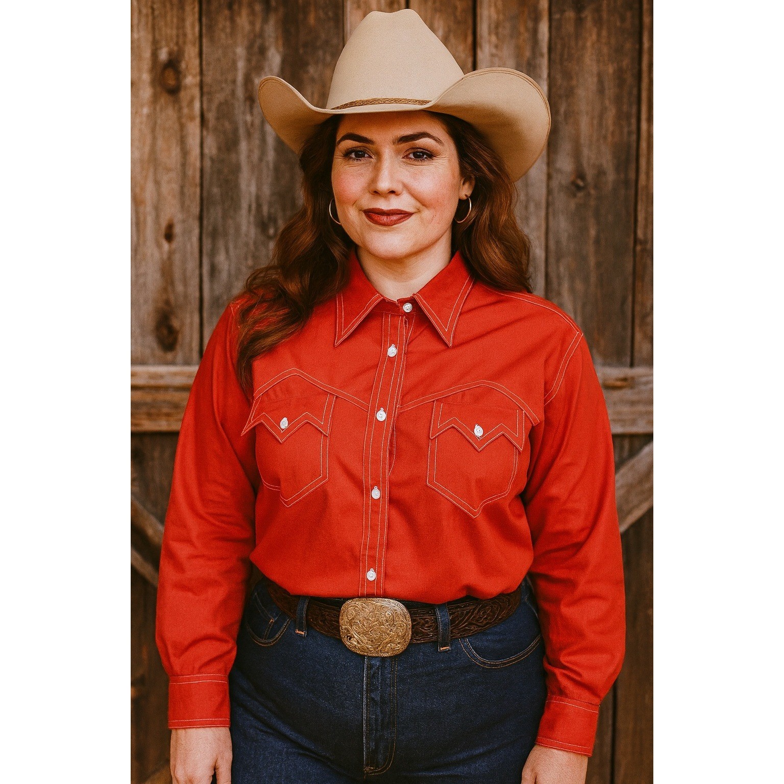 Vintage 70s Miss Holly Womens 38 Red w/ White Stitching Button Front L/S Top