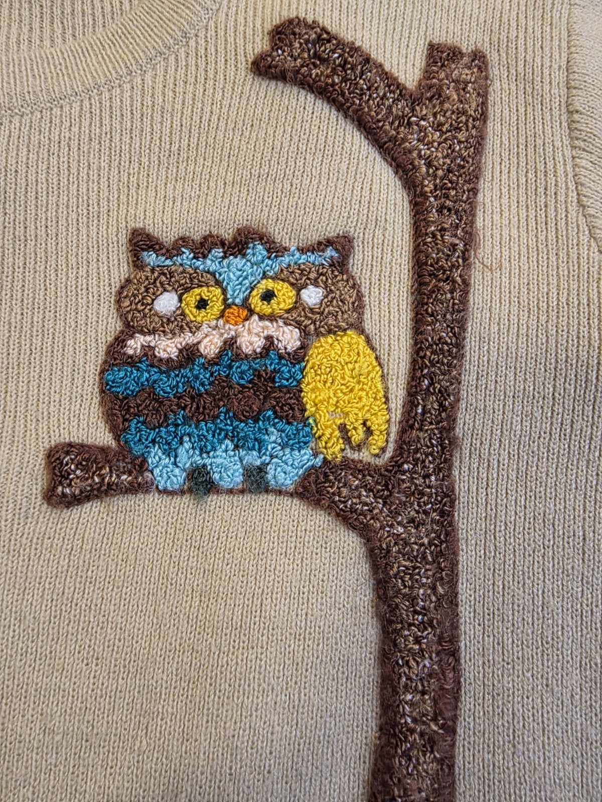 Vtg 70s Cyn Les Nobody&rsquo;s Perfect Owls Embroidered Sweater Beige Womens Large