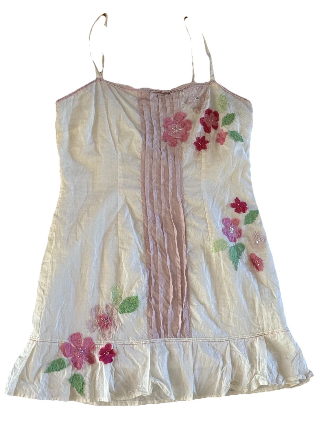 Vintage Mini Strap Wet Seal Lined Pure Cotton Flower Patched Summer Dress Junior