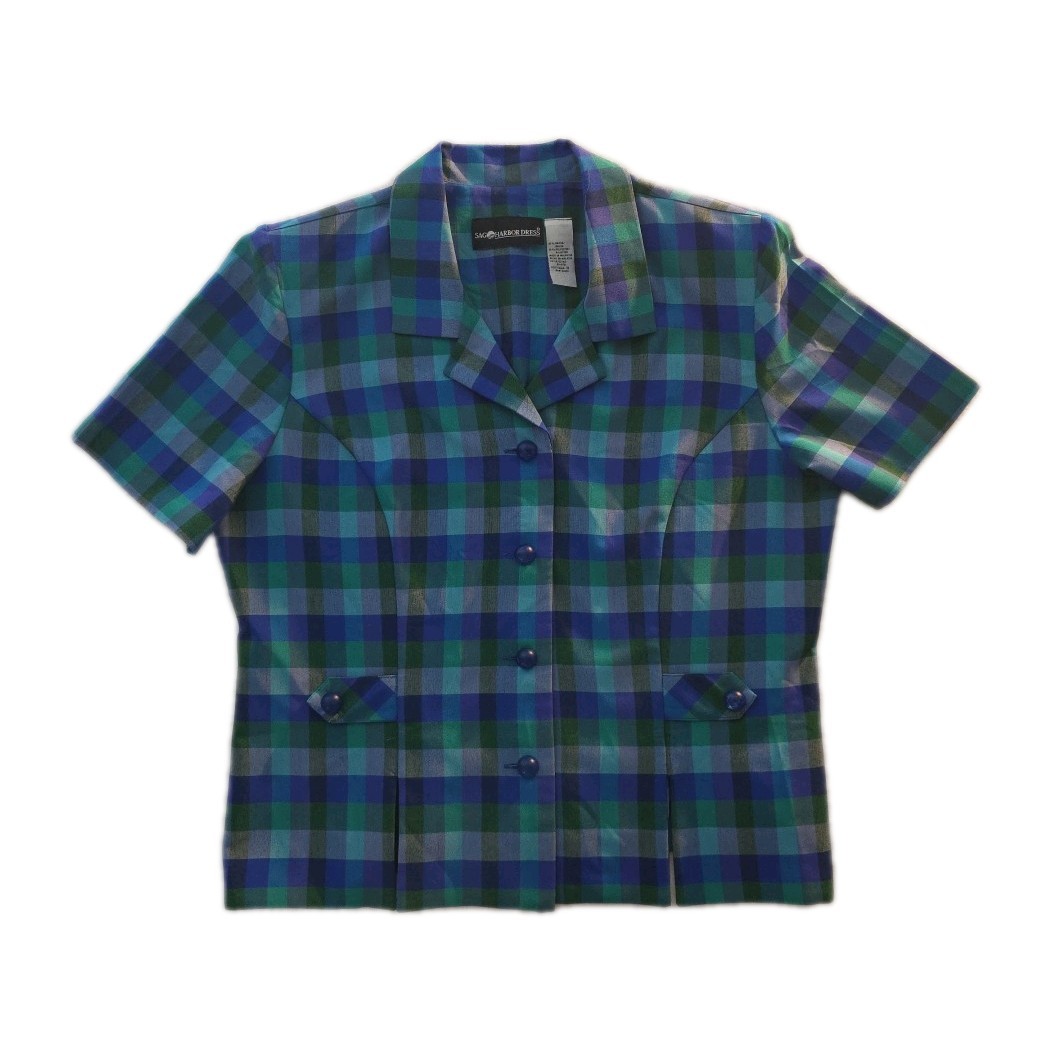 Vintage Blue Green Plaid Sag Harbor Button Up Blouse/Blazer – Size 18