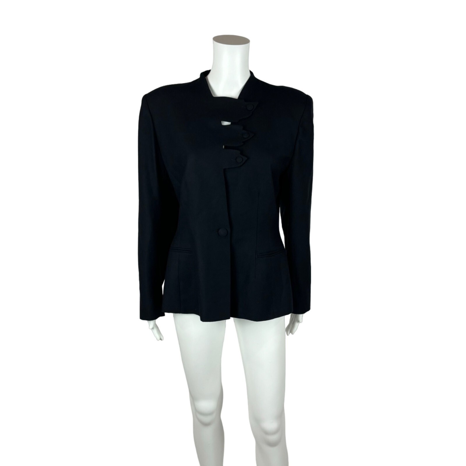 Vintage 80s Blazer Women&rsquo;s Large Black Wool Suit Jacket Leaf Closures Emmanuelle