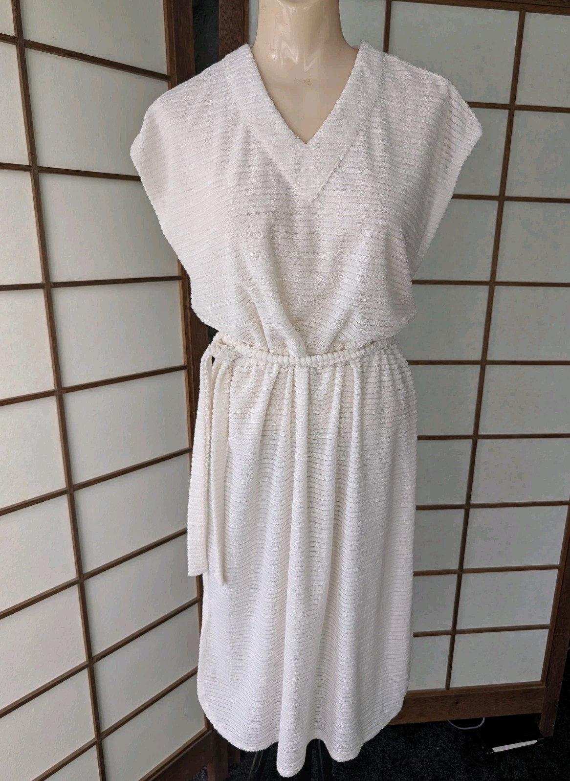 Vtg 1970s 80s Textured Terry Cloth Dress Swim Cover-up White Sz L Belted V-Neck