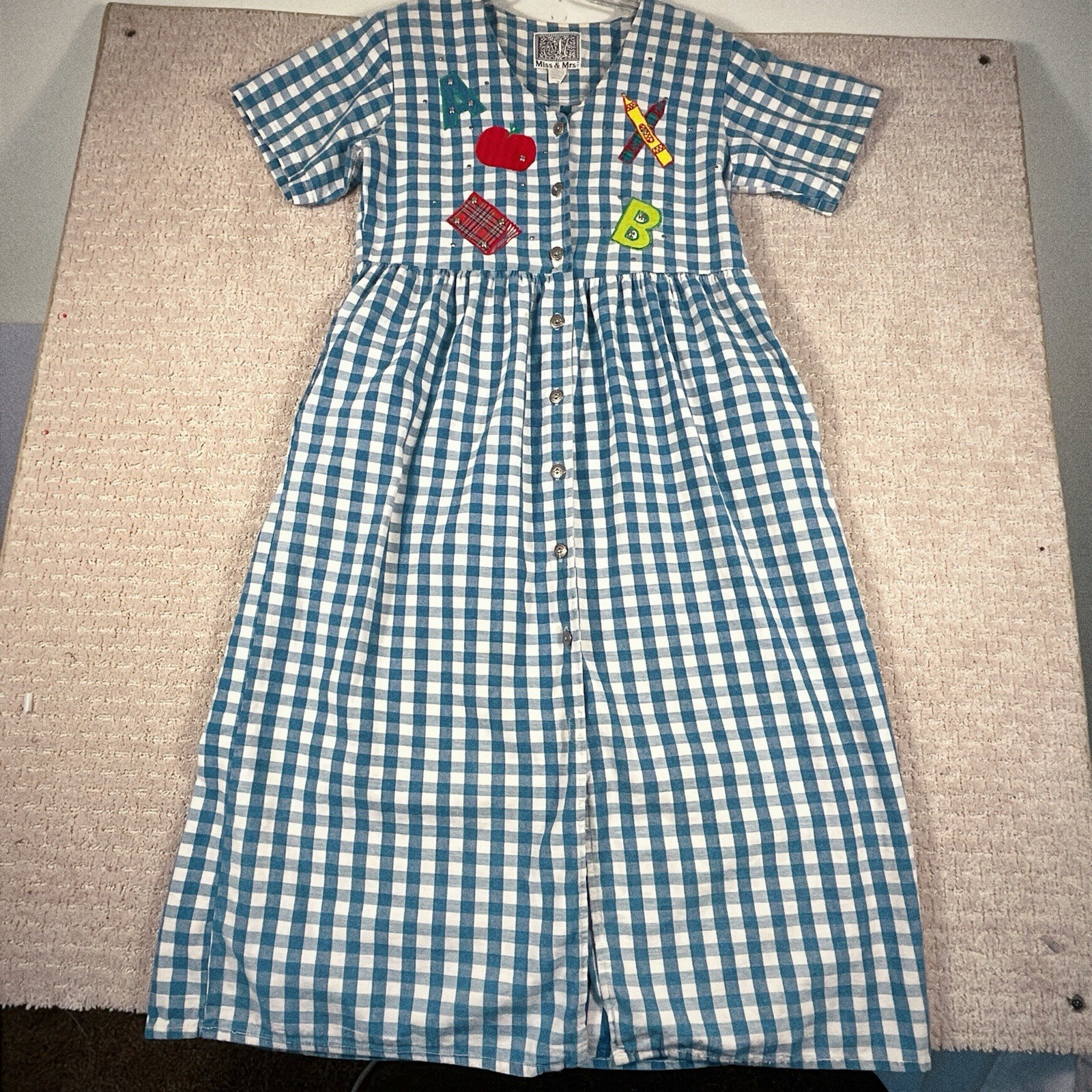 Vintage Miss and Mrs Dress Womens Sz Medium School Teacher Appliqué Blue Gingham