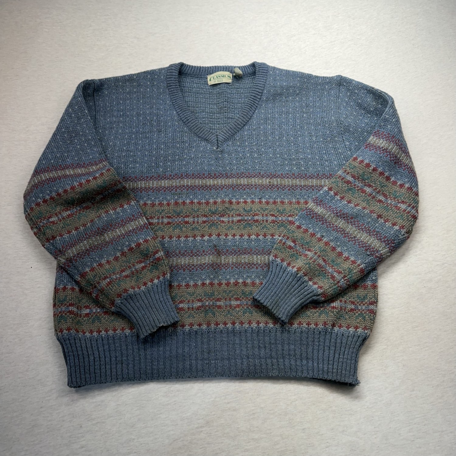vintage Sears Classics Wool Sweater Men&rsquo;s XL Fair Isle V Neck Blue Knit