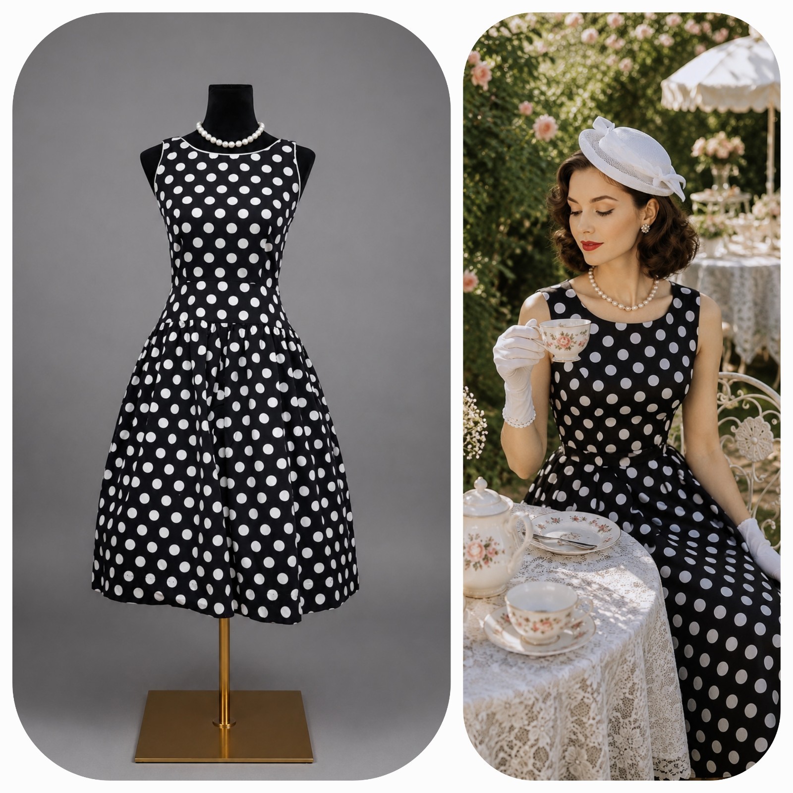 Vintage 80s Lanz Originals Polka Dot Tea Party Garden Dress Black White S