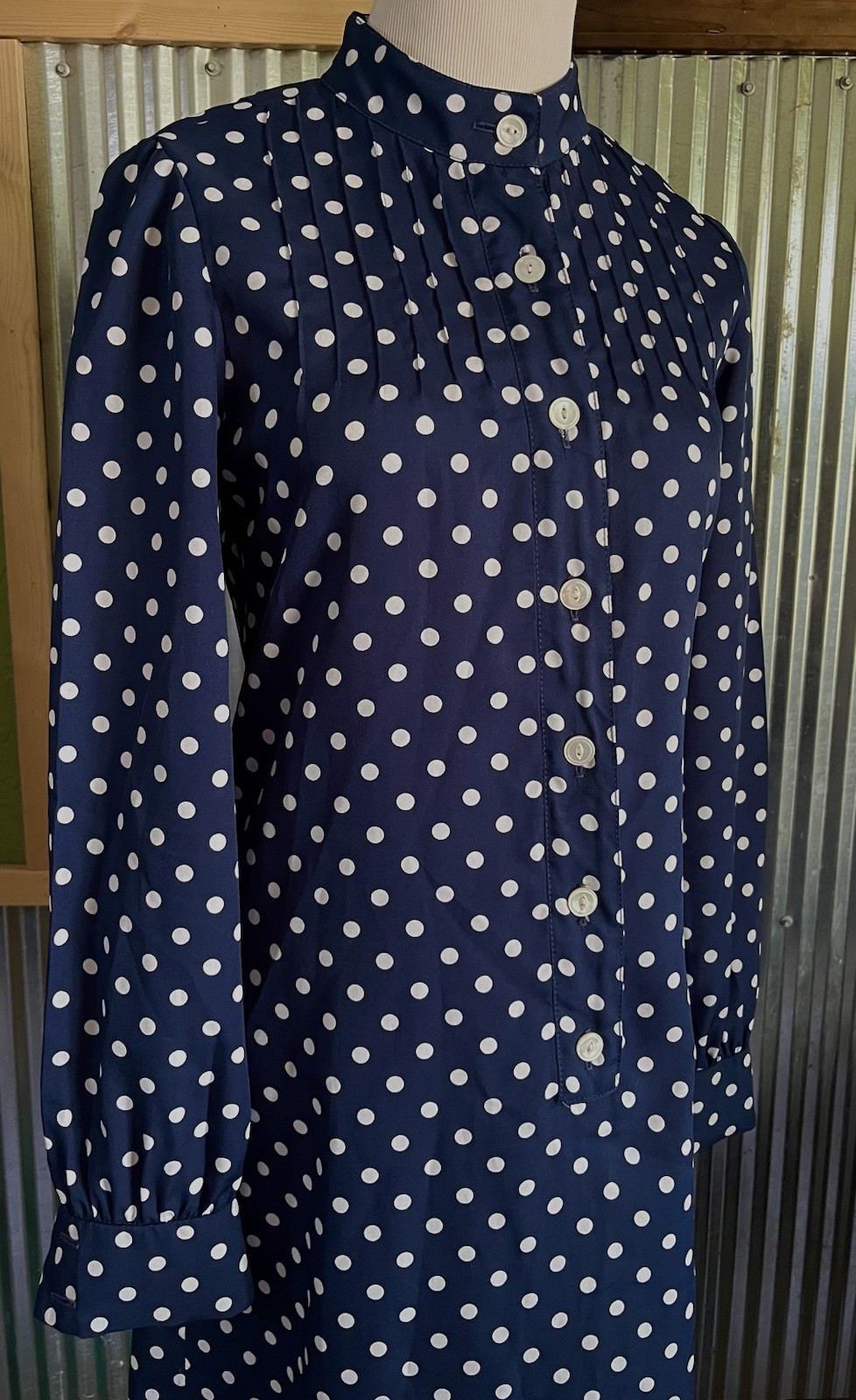 VTG CARLYE White & Blue Polka Dot Mod A Line L/S Midi Dress Sz S/M 1960s