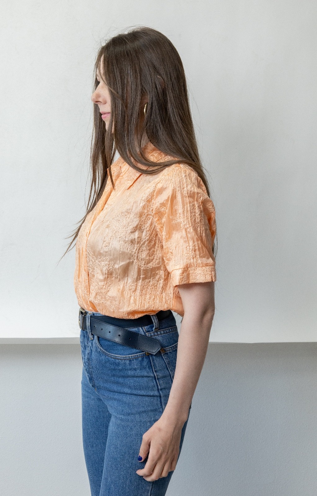 Vintage Y2K Peach Embroidered Blouse Tonal Floral Crinkle Coquette Coastal M