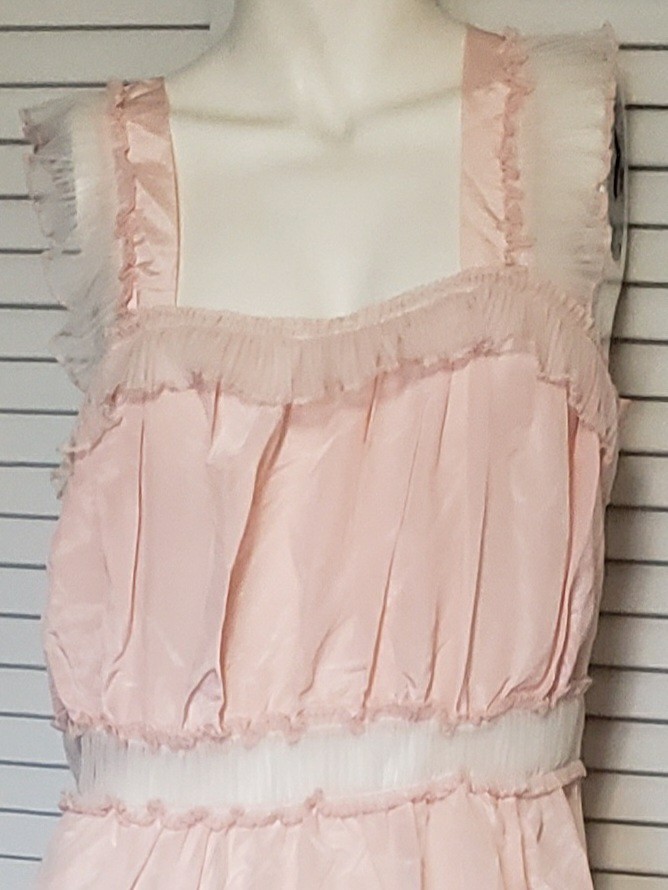 Vintage Miss Elaine Pink Ruffle Lace Maxi Nightgown USA Sz 38 Acetate Rayon EUC
