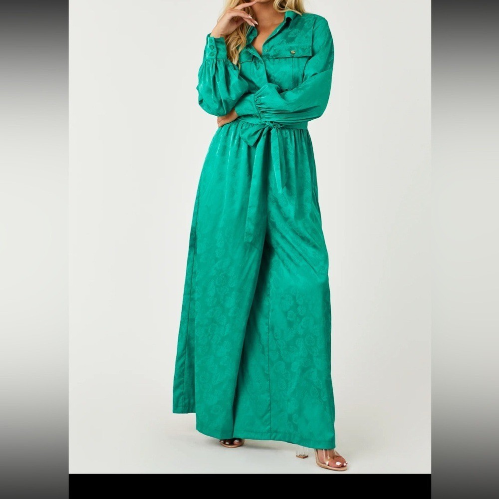 Flying Tomato Jade Leaf Jacquard Long Sleeve Satin Wide Leg Jumpsuit S, M, L