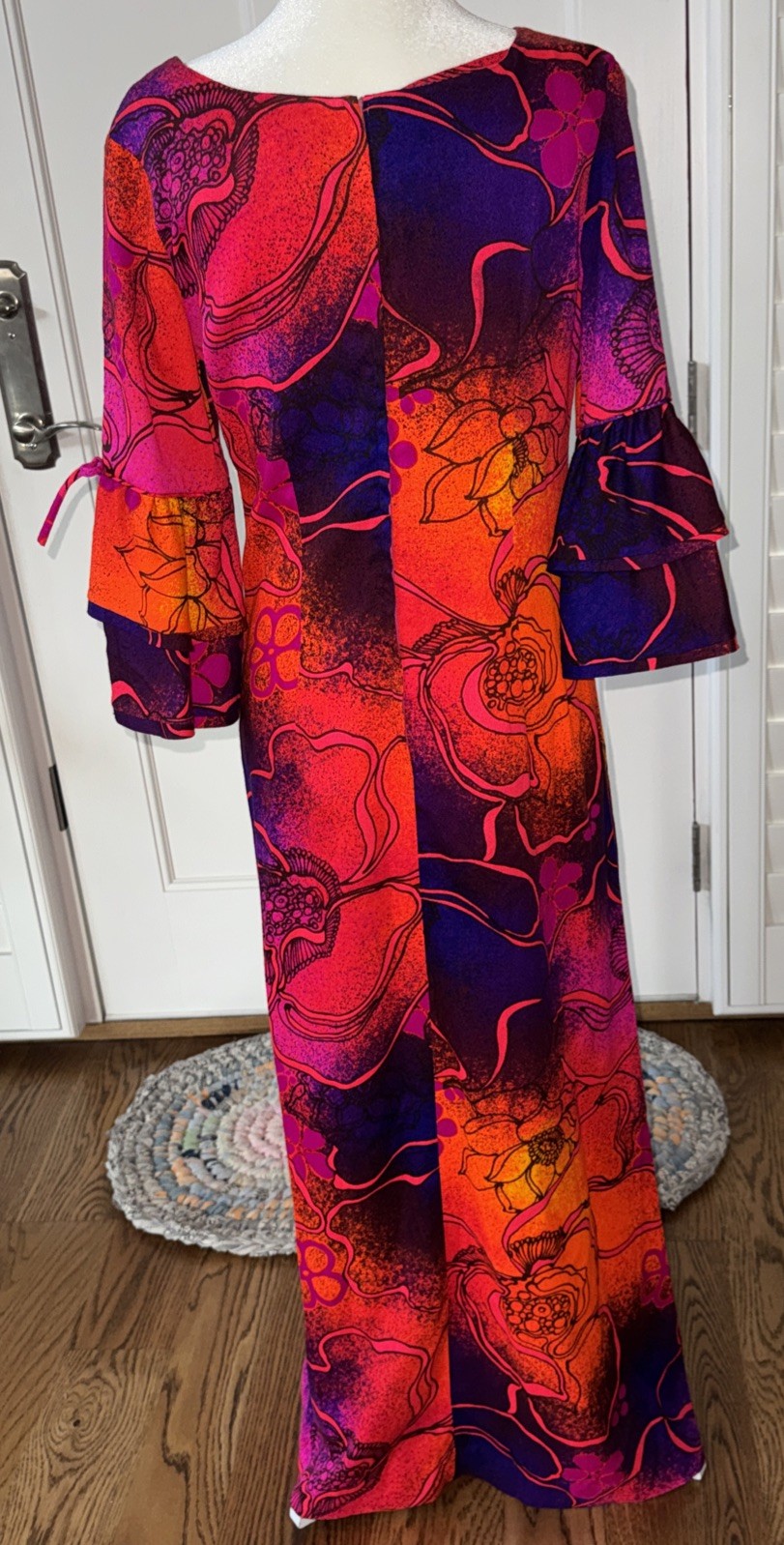 Vintage Sears Hawaiian Fashions Orange Purple Blue Barkcloth Maxi Dress 36” Bust