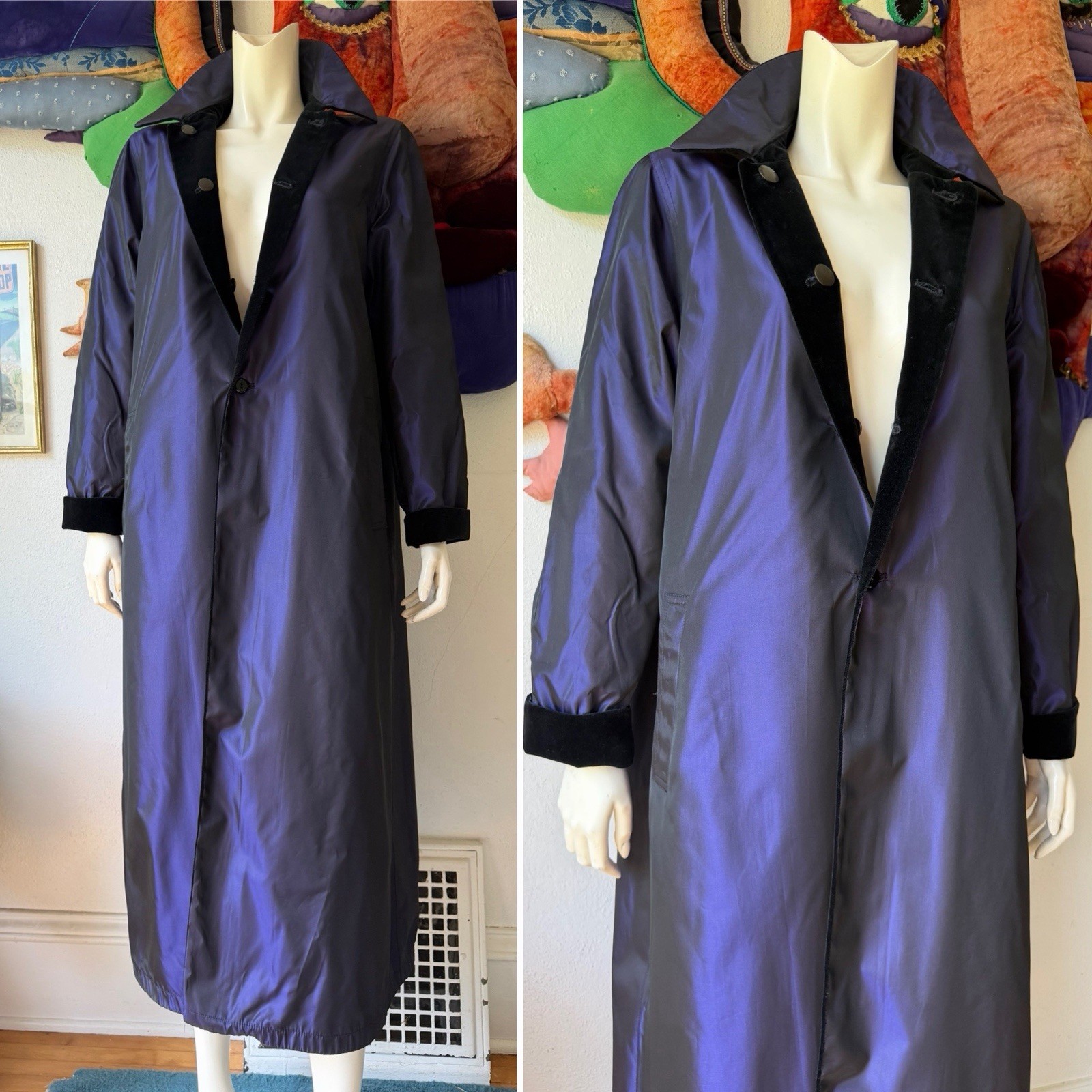 Vintage BLACK VELVET REVERSIBLE Drizzle Coat Purple Saks Fifth Ave Long Opera 10