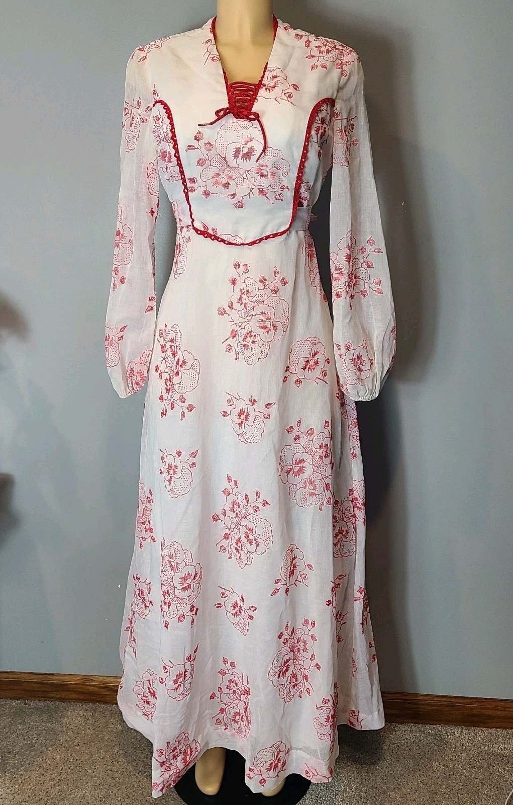Vintage 70s Montgomery Ward Prairie Maxi Dress Sz M Cottage Ren Faire Embroidery