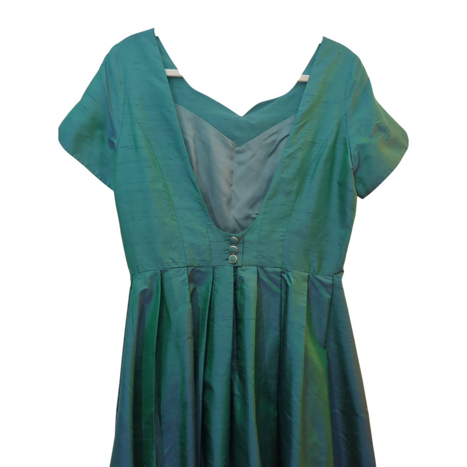VINTAGE LAURA ASHLEY 100% SILK DUPIONI Iridescent Peacock Fit &Flare Dress US 12