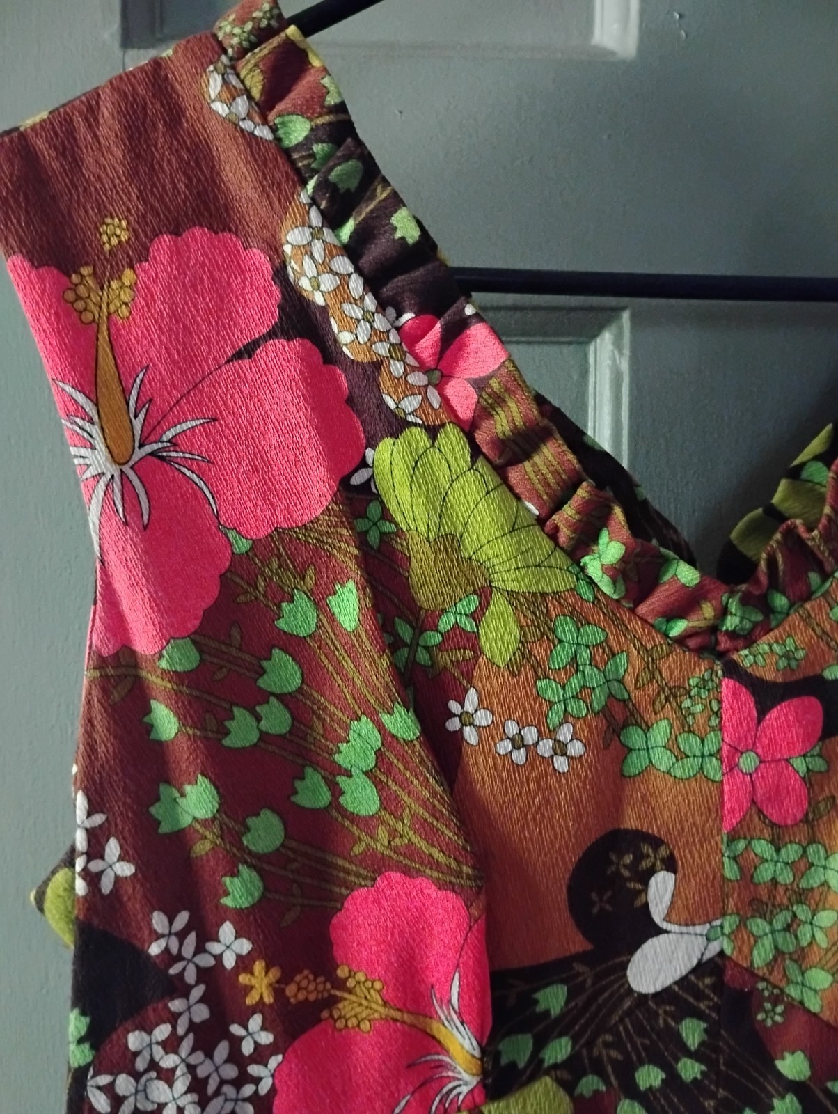 Vtg 60s Hukilau Fashions Hawaiian Barkcloth Maxi Dress 14 Hibiscus Pink Brown