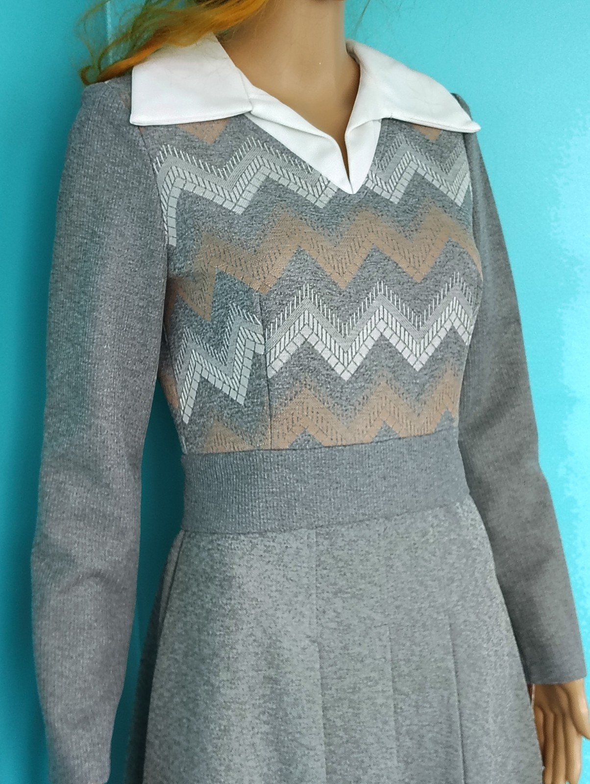Vintage 70&rsquo;s Chevron Mini Dress Gray Peter Pan Collar Patty O’Neil NWT size: 11