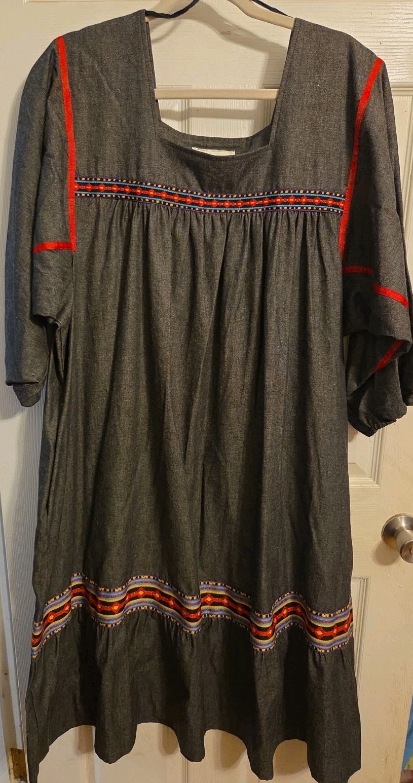 Vntg Krist Gudnason Dress/Muumuu 2X Black Bright Woven Trim