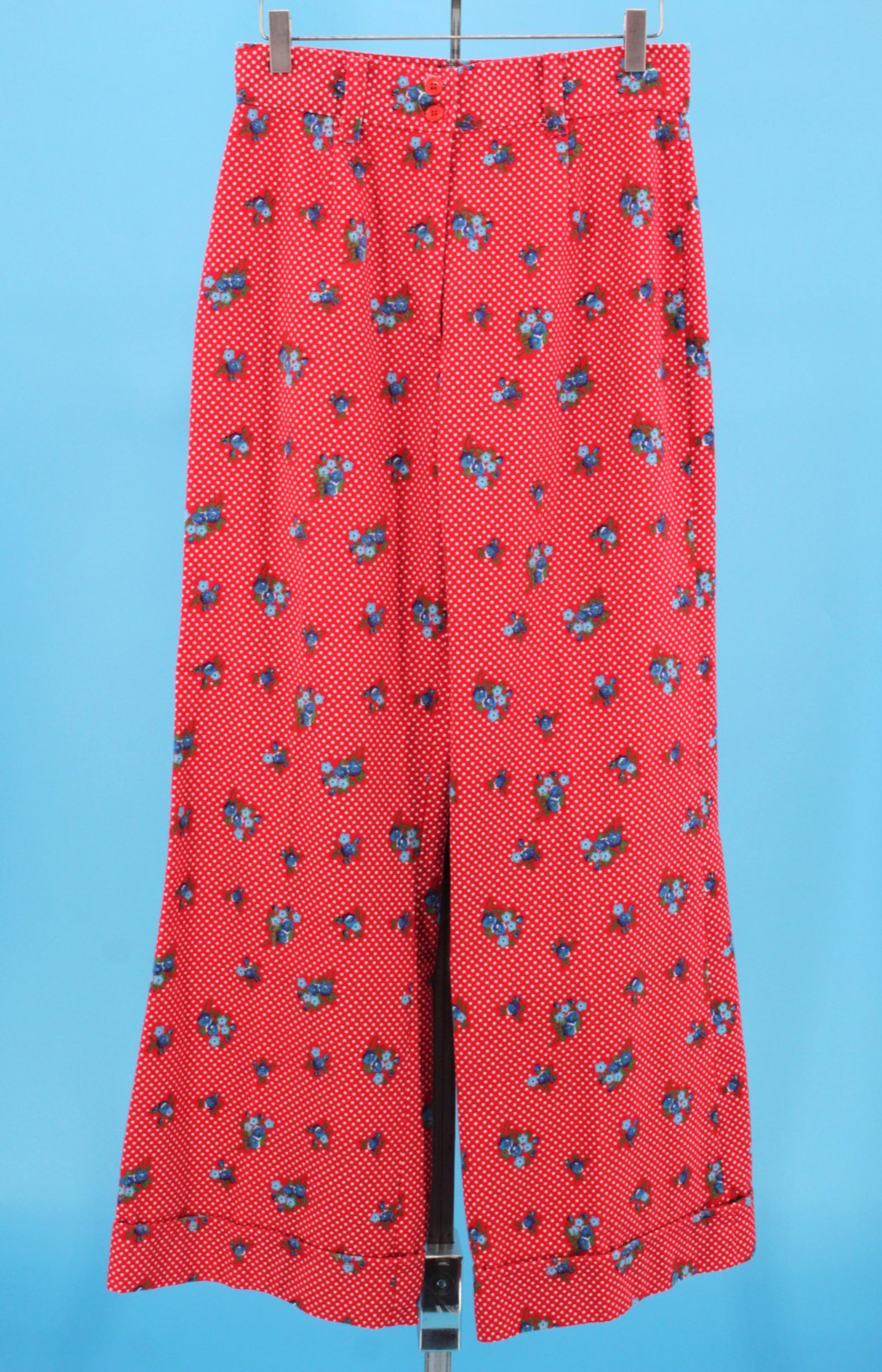 VTG Women&rsquo;s 70s Red Polka Dot & Blue Floral Bell Bottom Pants Sz 29&Prime; / M 1970s
