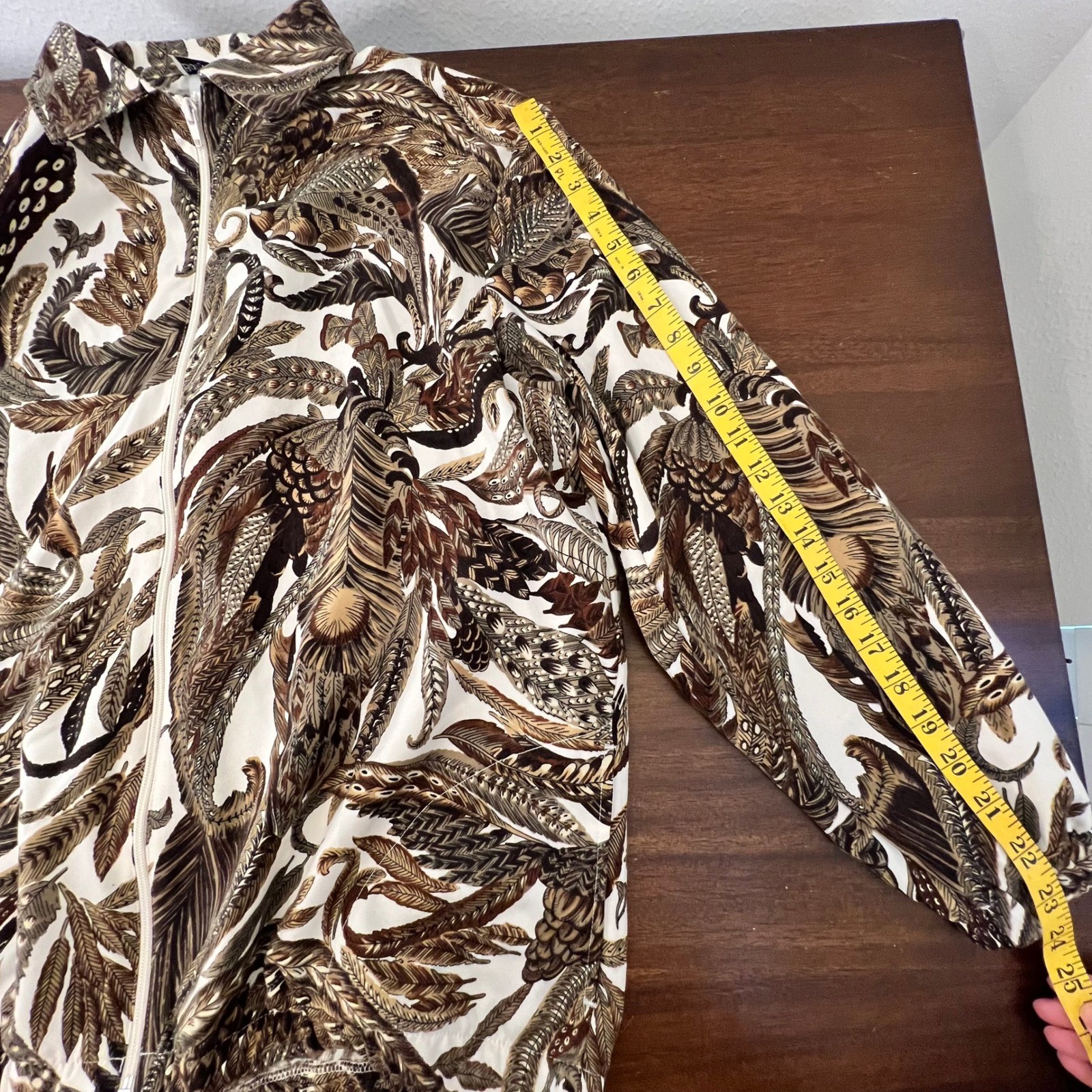Vintage Feather Pattern Zip Up Jacket Womens Medium Oversized Artsy Indie Nature