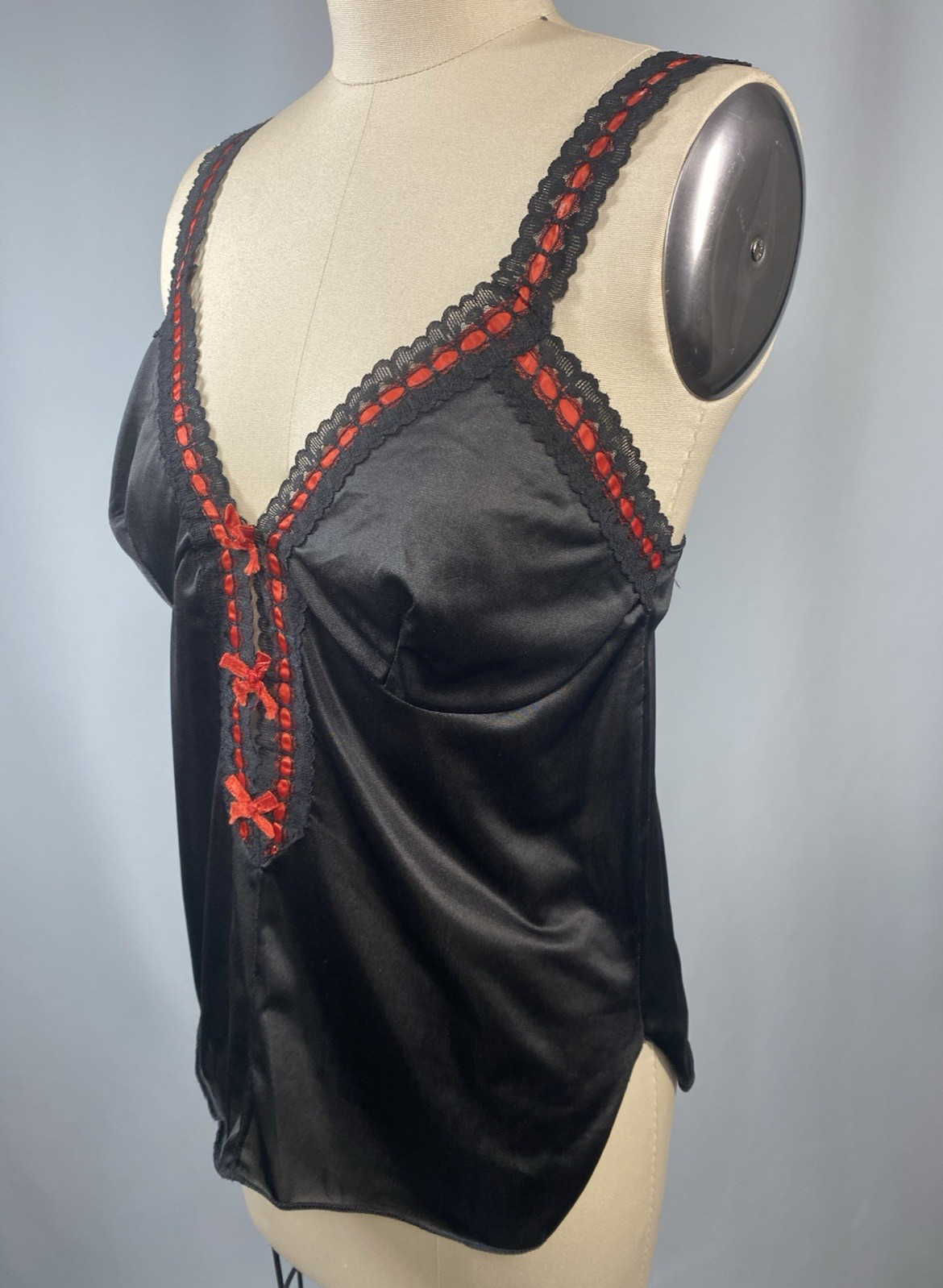 Vintage Camisole Top SIZE SMALL black red bow 70s 80s sexy cami nylon