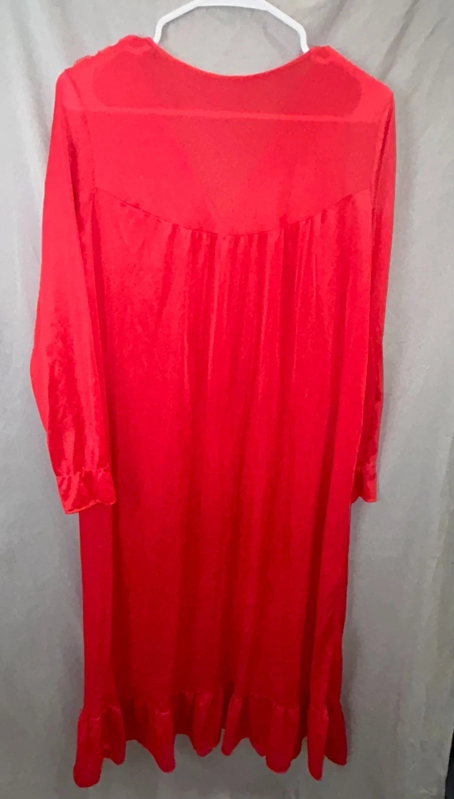 Vintage Red Long Sleeve Button Up Nylon & Lace Gown with Ruffle Hem Size Large