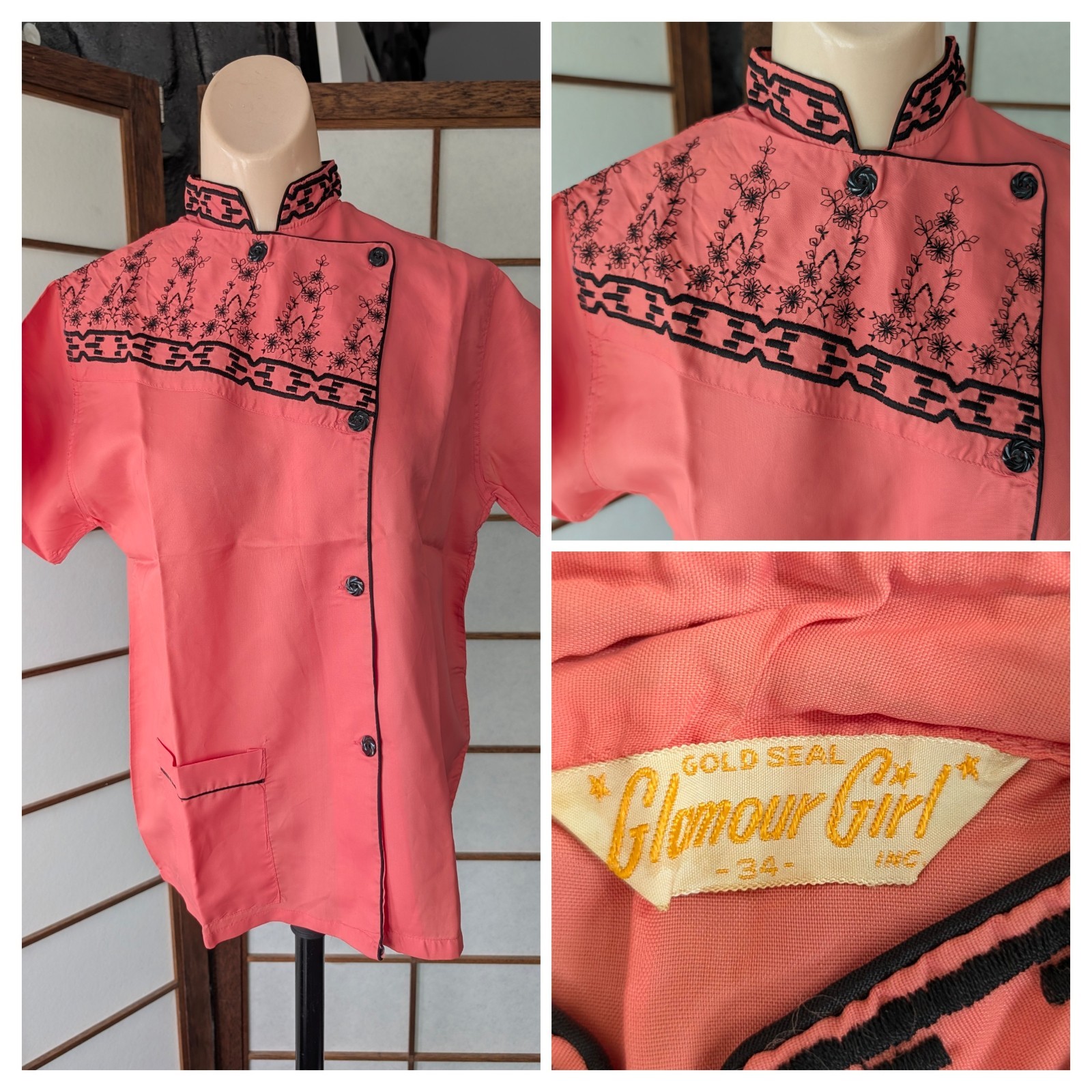 Vtg 1940s Glamour Girl Asian Embroidered Bed Jacket Pajama Top Mandarin Collar M