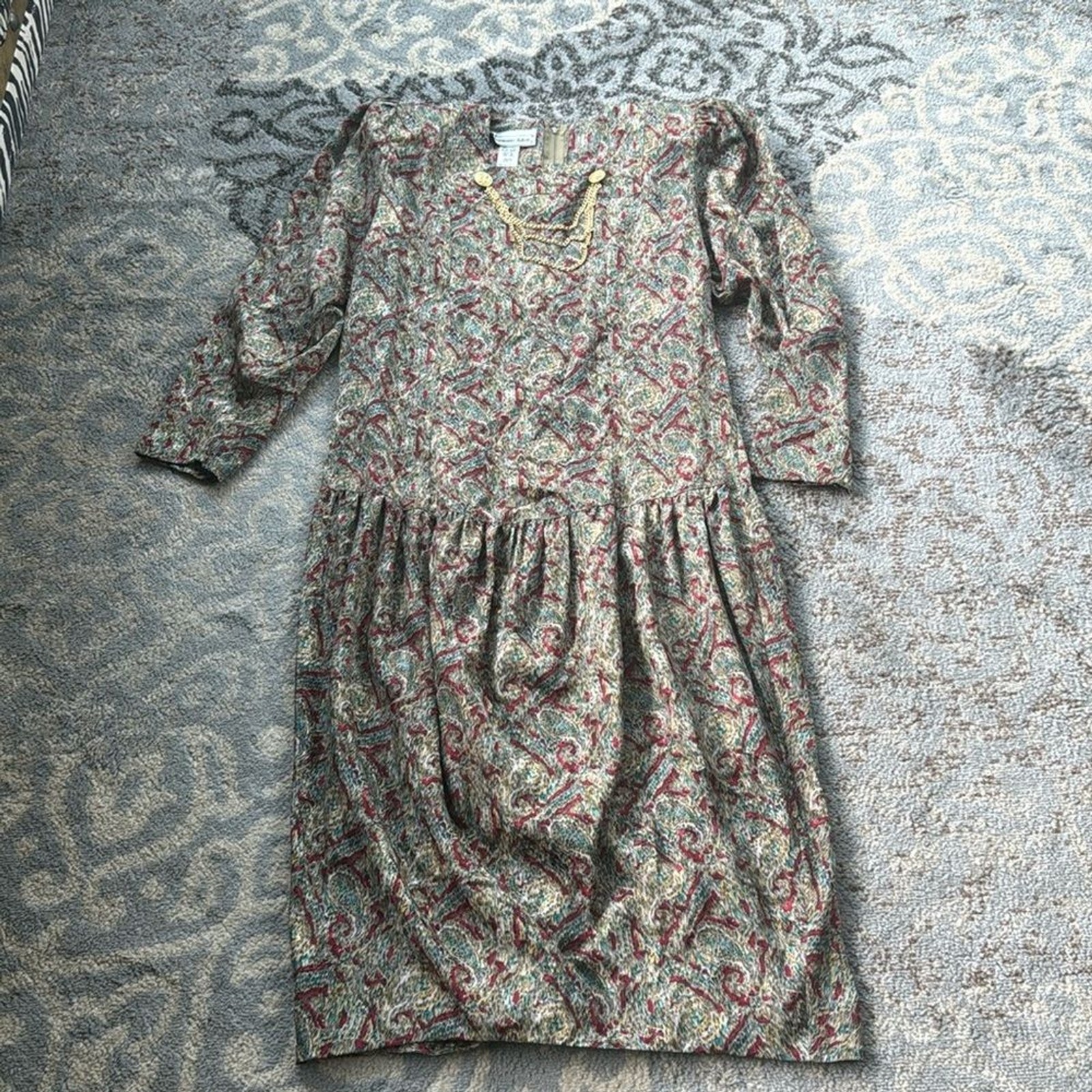 Vintage Germaine Astor Multicolor Long Seeve Midi Dress 16