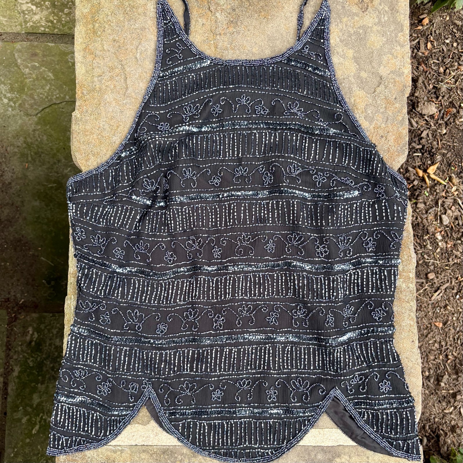 vtg BLACK silk BEADED fitted TOP CAMISOLE scallop by STENAY size XL seed & bugle