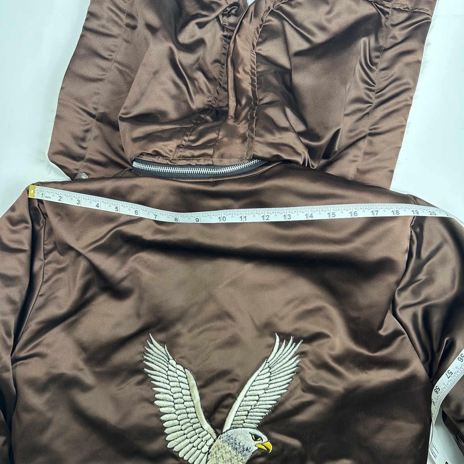 70s VTG Bomber Korea Souvenir Jacket Eagle Faux Fur Split Hood Embroidered Large