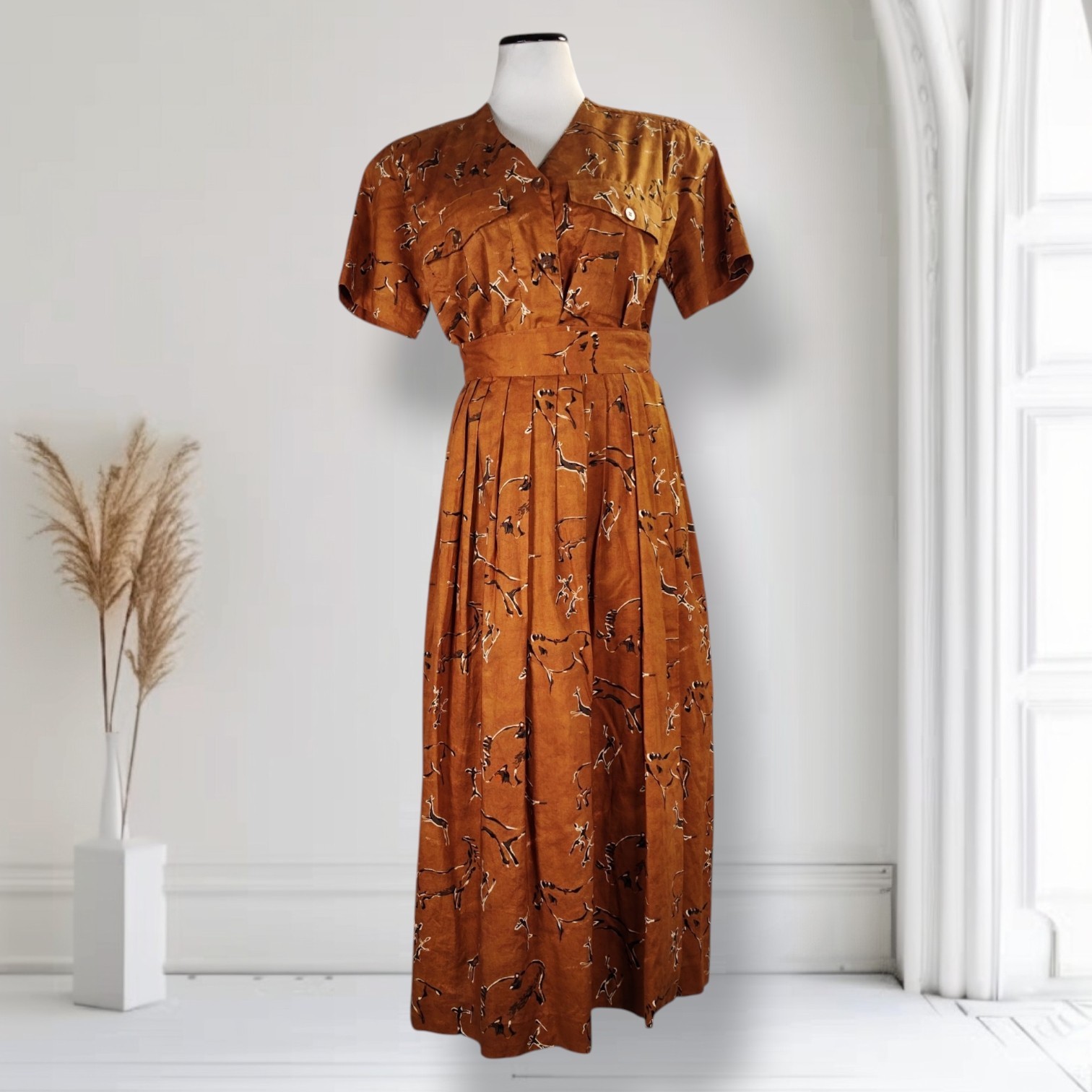 Vintage Jones New York Safari Animal Print Matching Set Brown Cotton Blouse Wrap