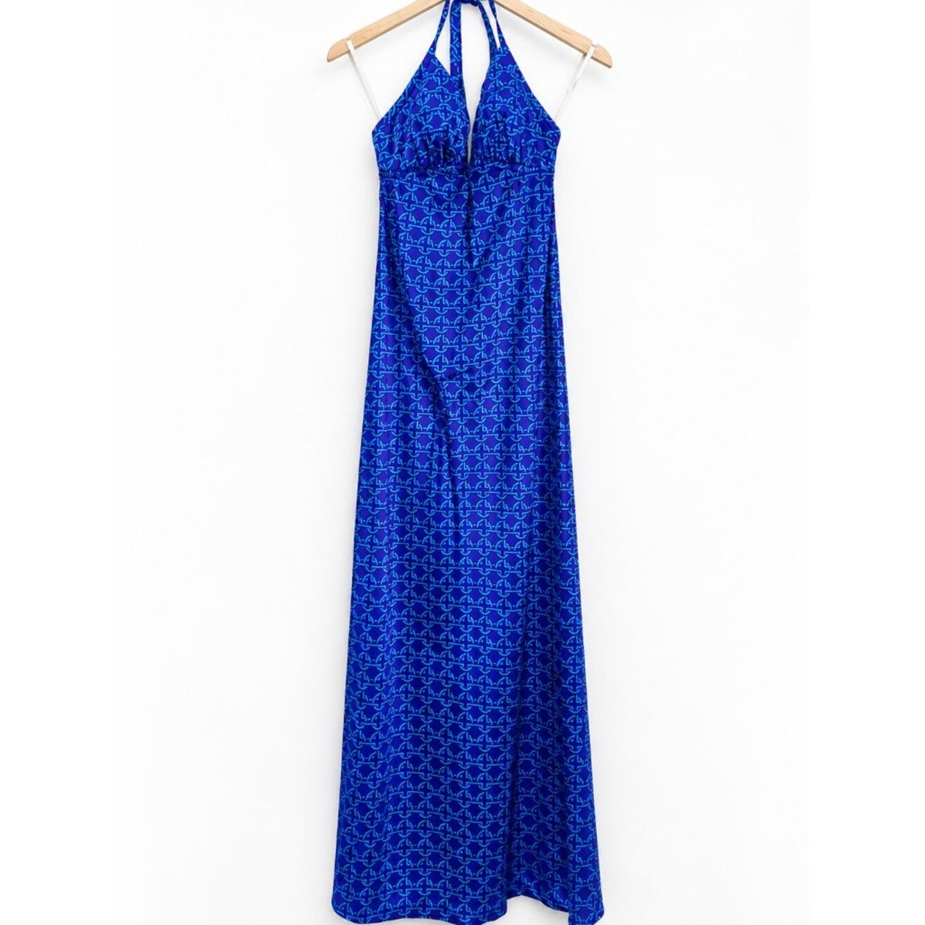 Elizabeth Stewart Purple Blue Geometric Halter Maxi Dress Slit Vintage XS S