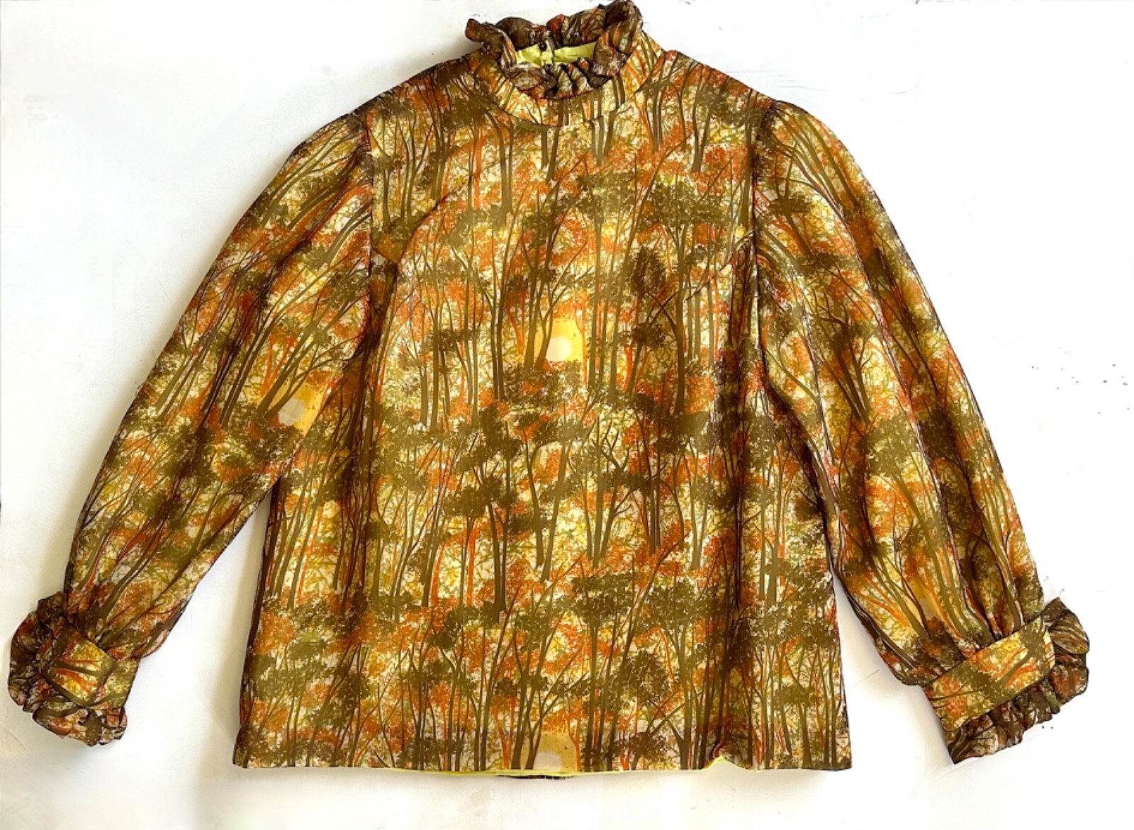 Vintage Silk Blouse 1960s Fashion Custom Made Women&rsquo;s Top Sunset Print Fabric