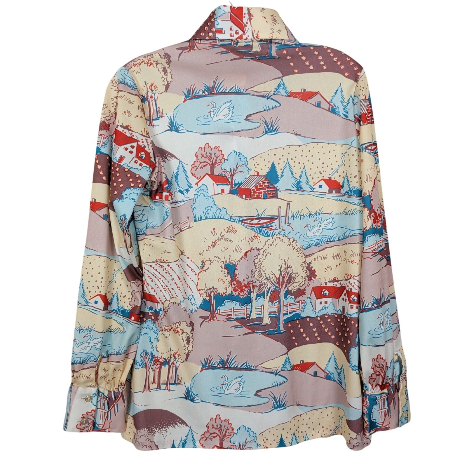 Vintage Catalina Sport Women Novelty Scenic Button Front Blouse Long Sleeve