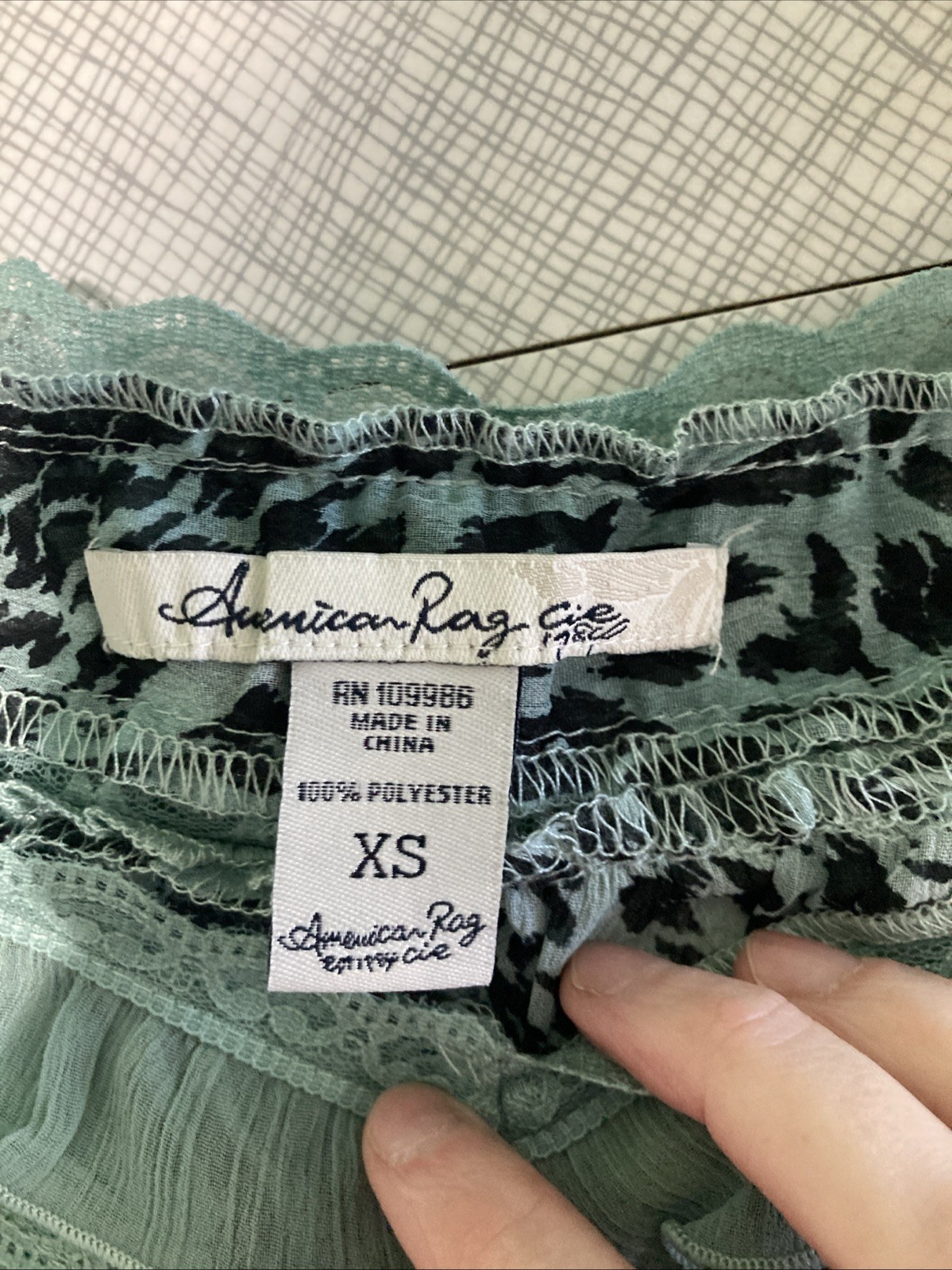 American Rag XS EUC Mint Green Leopard Print Sheer Ruffle Smocked Boho Top Y2K