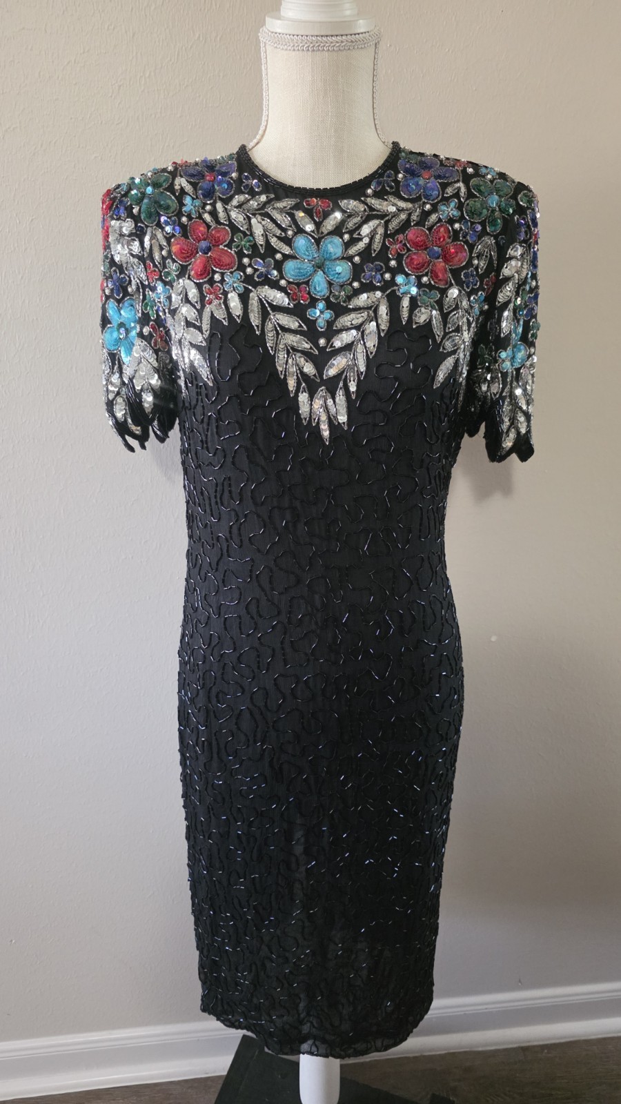Vintage Black Silk Beaded Cocktail Gown Small With Sequins Sheath Short Sleeve