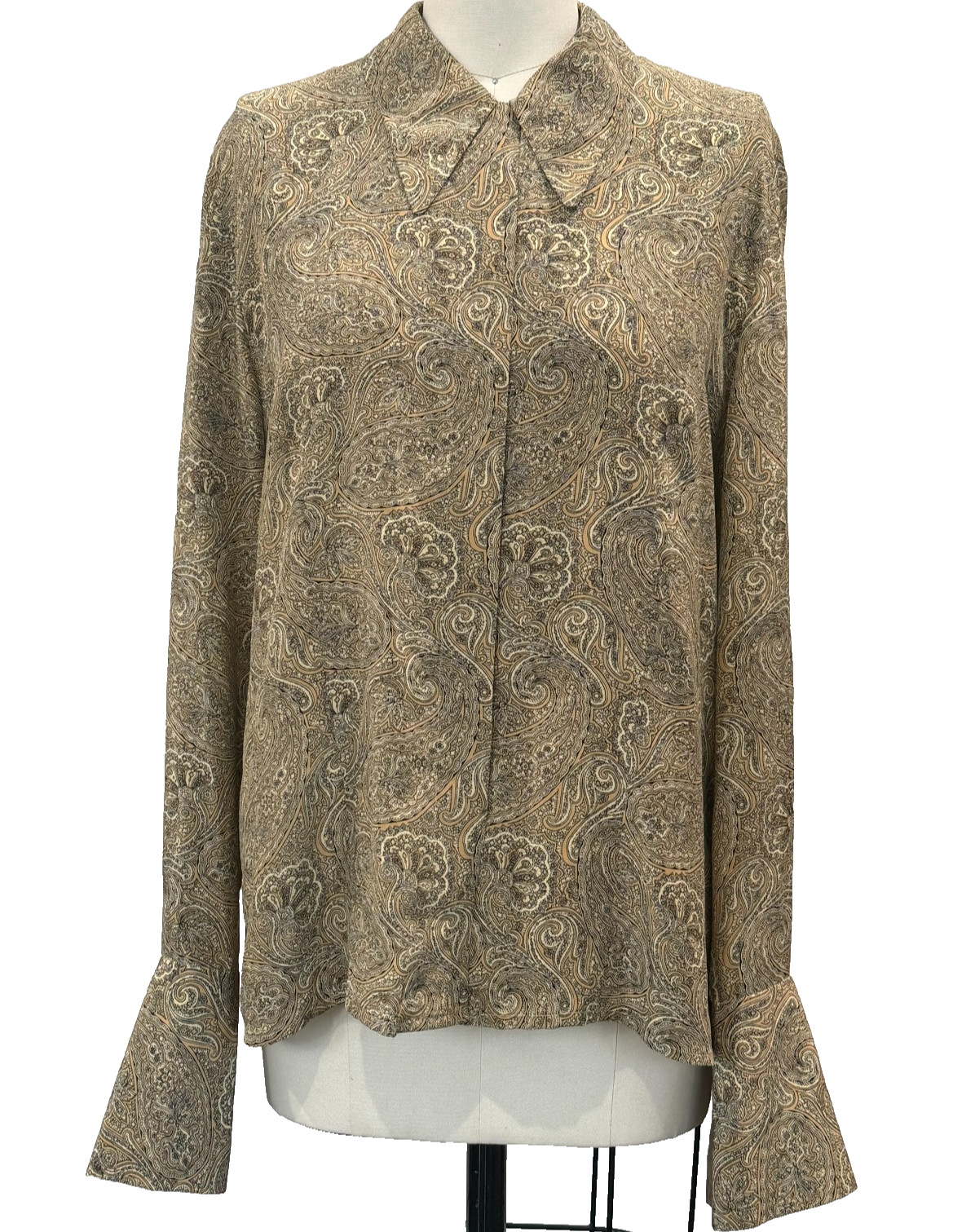 Vintage Paisley Silk Button-Down Blouse Women SZ 12 Long Sleeve French Cuff Boho
