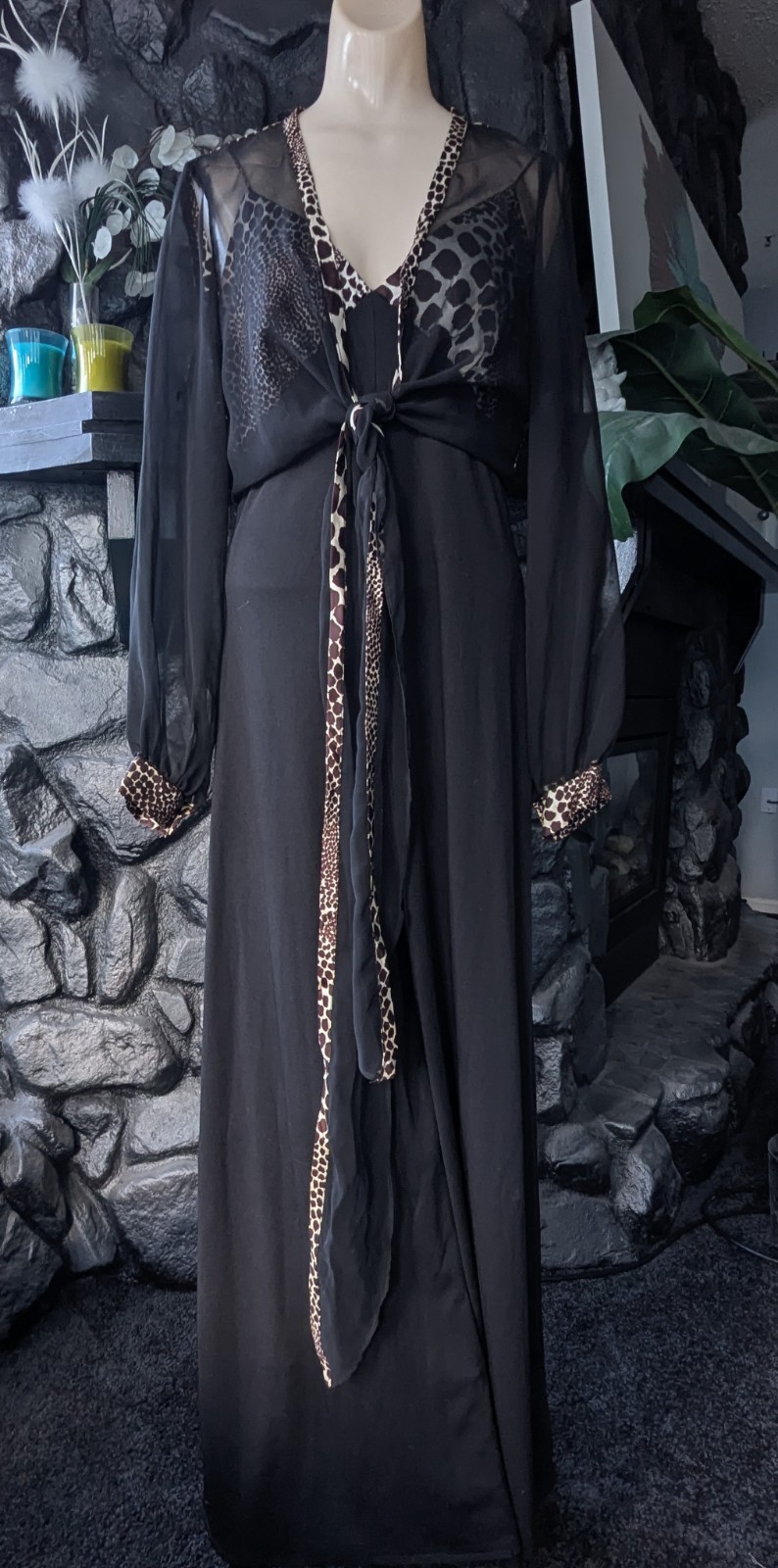 Vtg 70s Juniors Black and Animal Print Jumpsuit Bolero w/ Sheer Sleeves Sz 13/14
