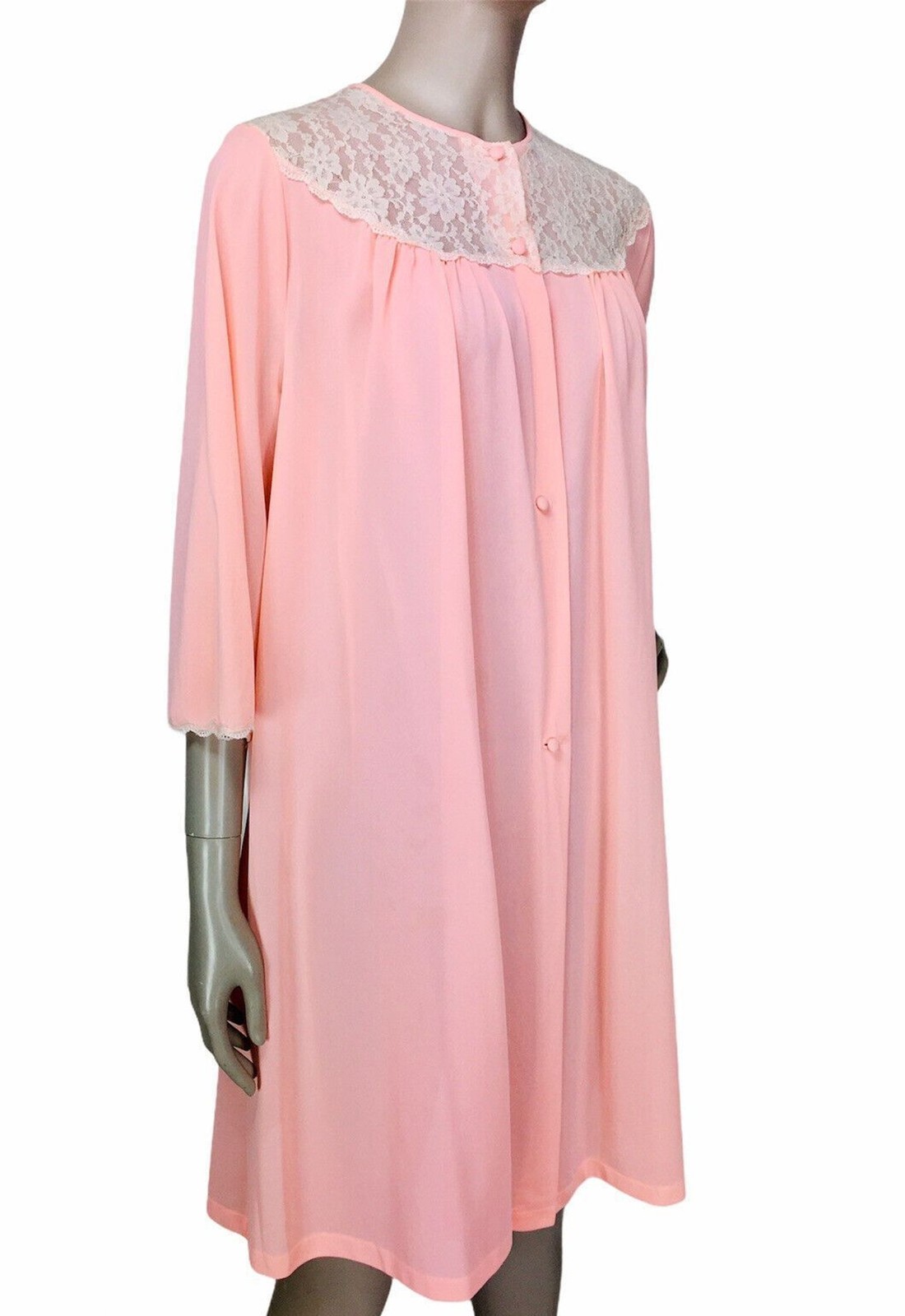 Vintage 50s 60s Lorraine Peach Lace Yoke Peignoir Nightgown Robe S/M/L/XL