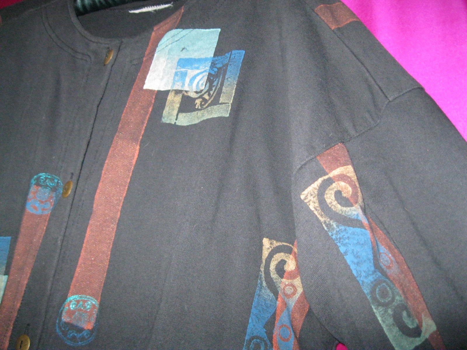VINTAGE, BLACK COTTON JACKET, HAND PAINTED, SZ M/L, W/ FRONT POCKETS, ARTISAN