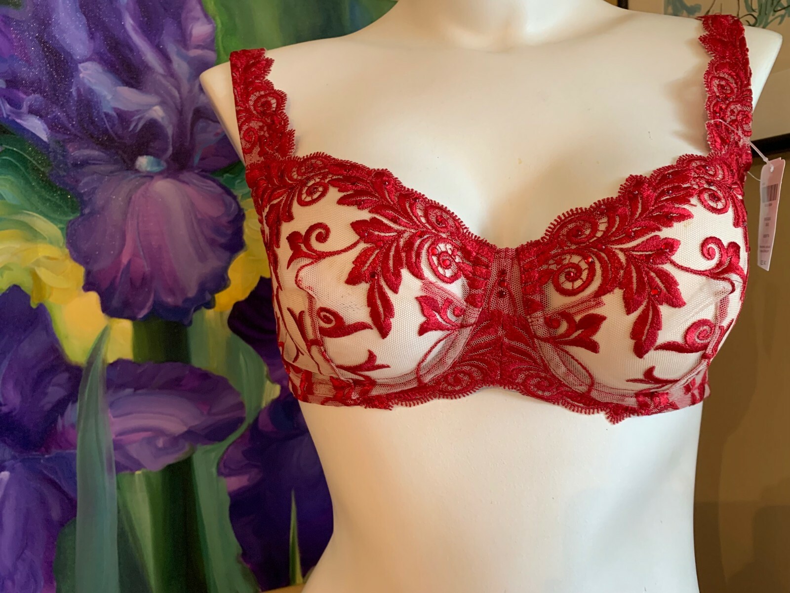 VINTAGE SOMA SPECIAL EDITION RUBY RED / TAN SENSUOUS LACE SHEER WIRELESS BRA 34C