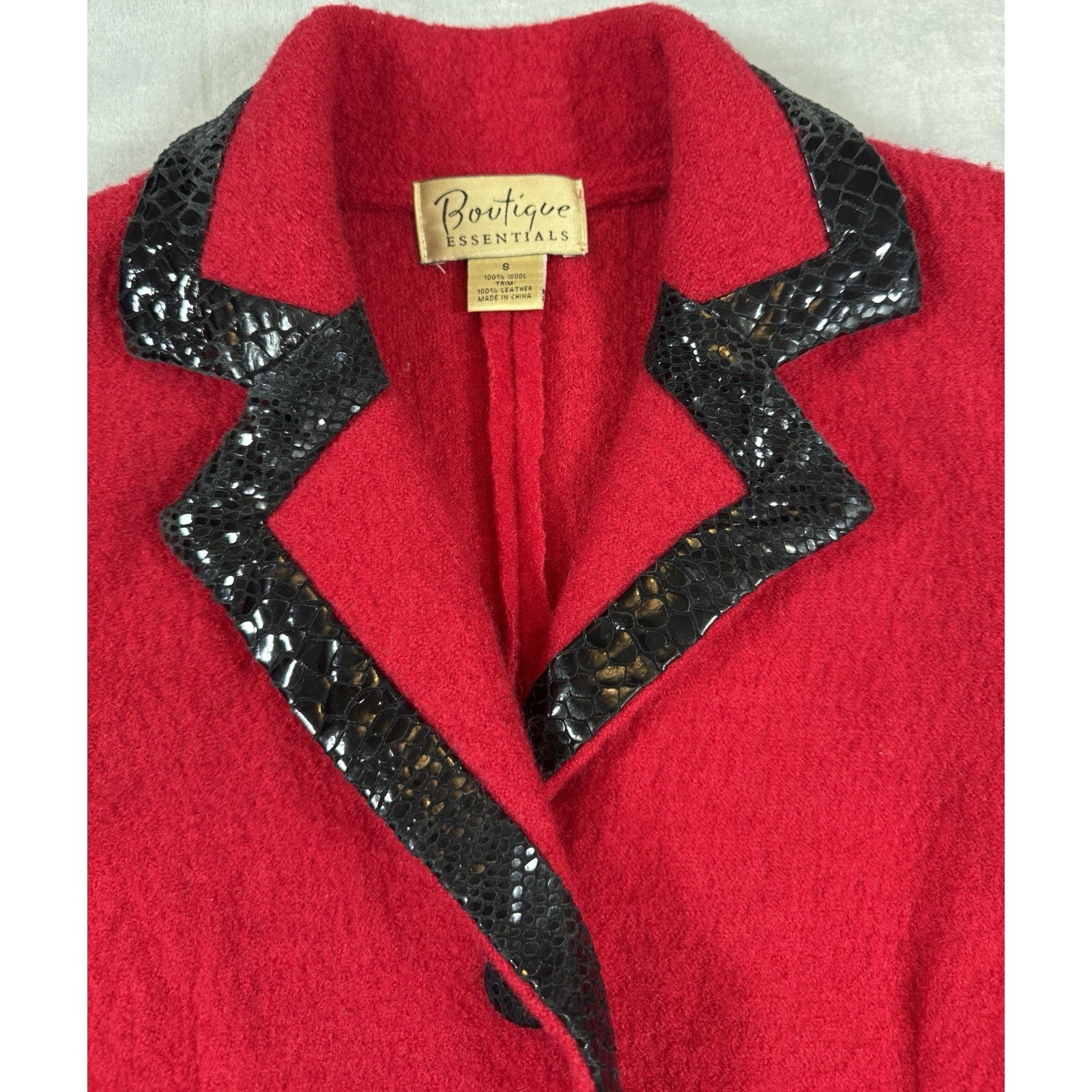 Vintage 1980s Red Wool Jacket Black Leather Trim Boutique Essentials Small